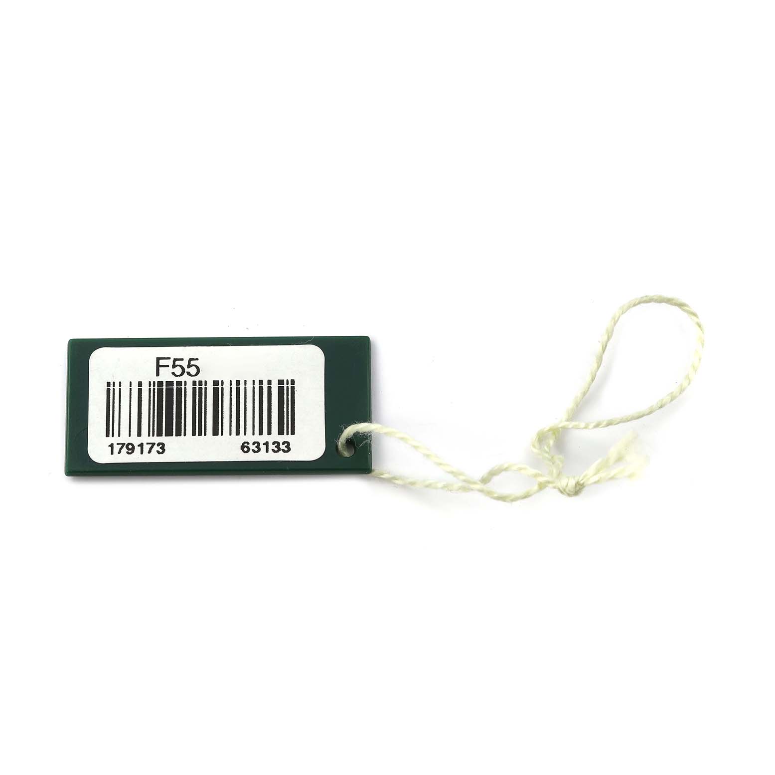 The image shows a green tag with a barcode and a string attached, likely a part of the Rolex Datejust 179173 Women
s Steel and Gold (two tone) Champagne Dial 179173 Women
s Steel and Gold (two tone) Champagne Dial packaging.