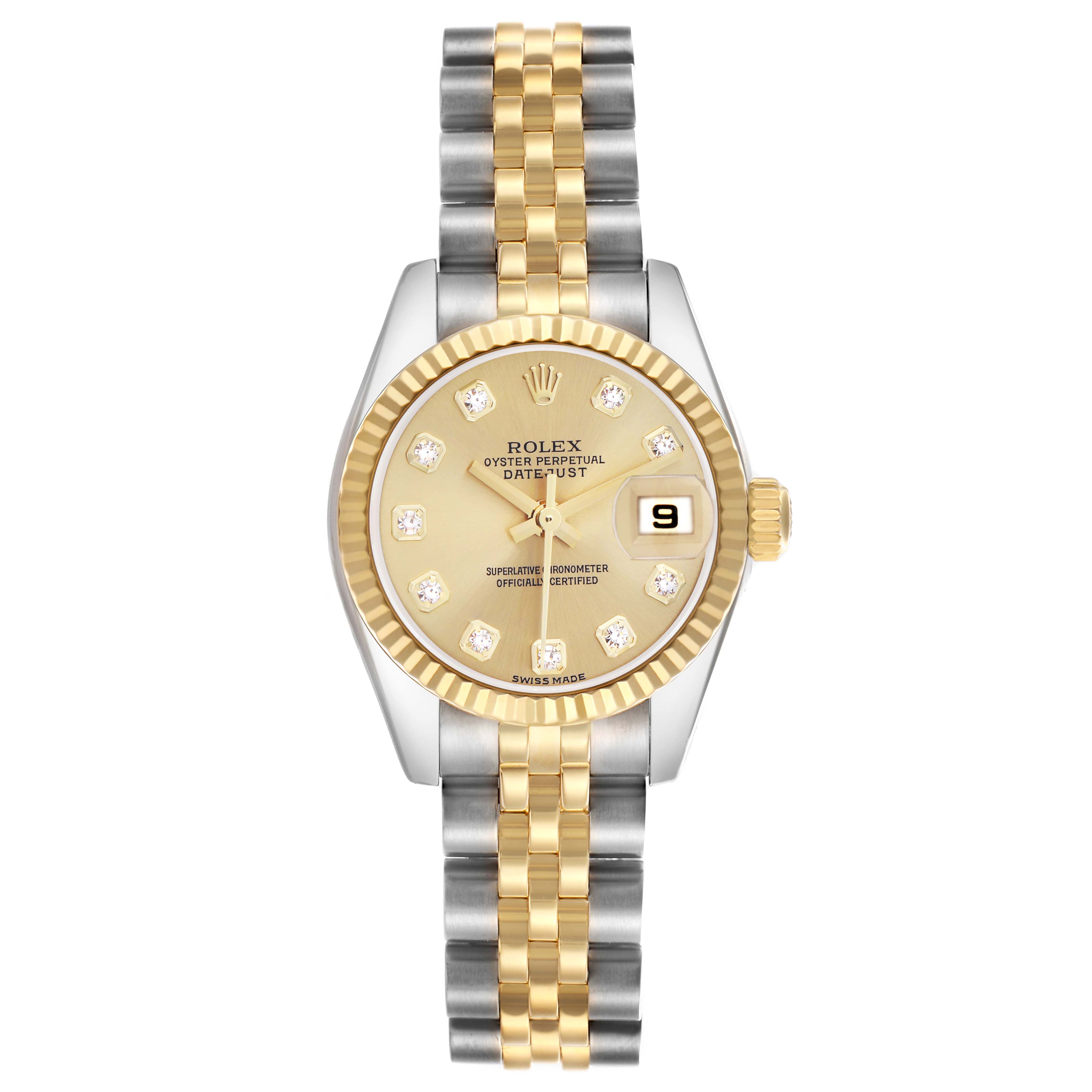 The Rolex Datejust 179173 Women
s Steel and Gold (two tone) Champagne Dial 179173 Women
s Steel and Gold (two tone) Champagne Dial watch is shown from the front, displaying its dial, fluted bezel, two-tone bracelet, and crown.