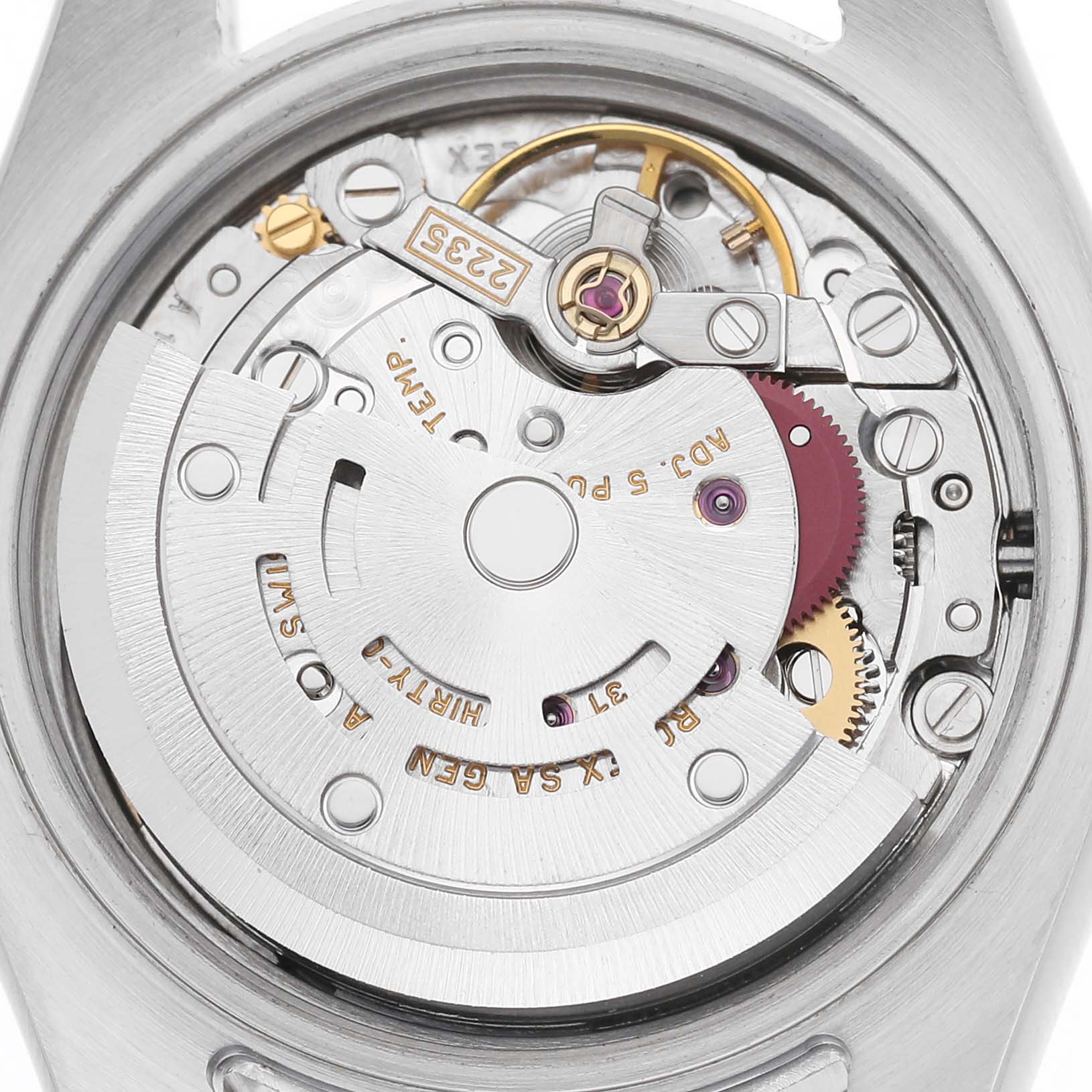 The image shows the movement and internal mechanism of a Rolex Datejust 179173 Women
s Steel and Gold (two tone) Champagne Dial 179173 Women
s Steel and Gold (two tone) Champagne Dial watch from a top-down angle.