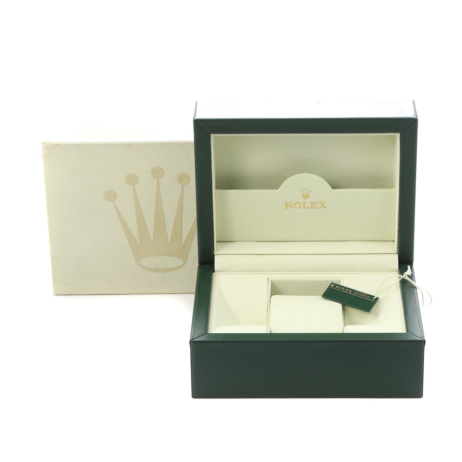 This image shows a Rolex Datejust 179173 Women
s Steel and Gold (two tone) Champagne Dial 179173 Women
s Steel and Gold (two tone) Champagne Dial watch box at a slight angle, featuring its logo, interior, and tag.