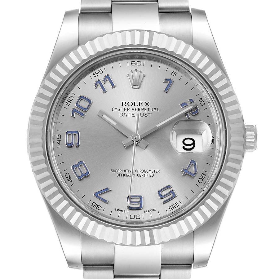 Rolex Datejust II 41mm Steel White Gold Blue Numerals Watch 116334 Box Card SwissWatchExpo