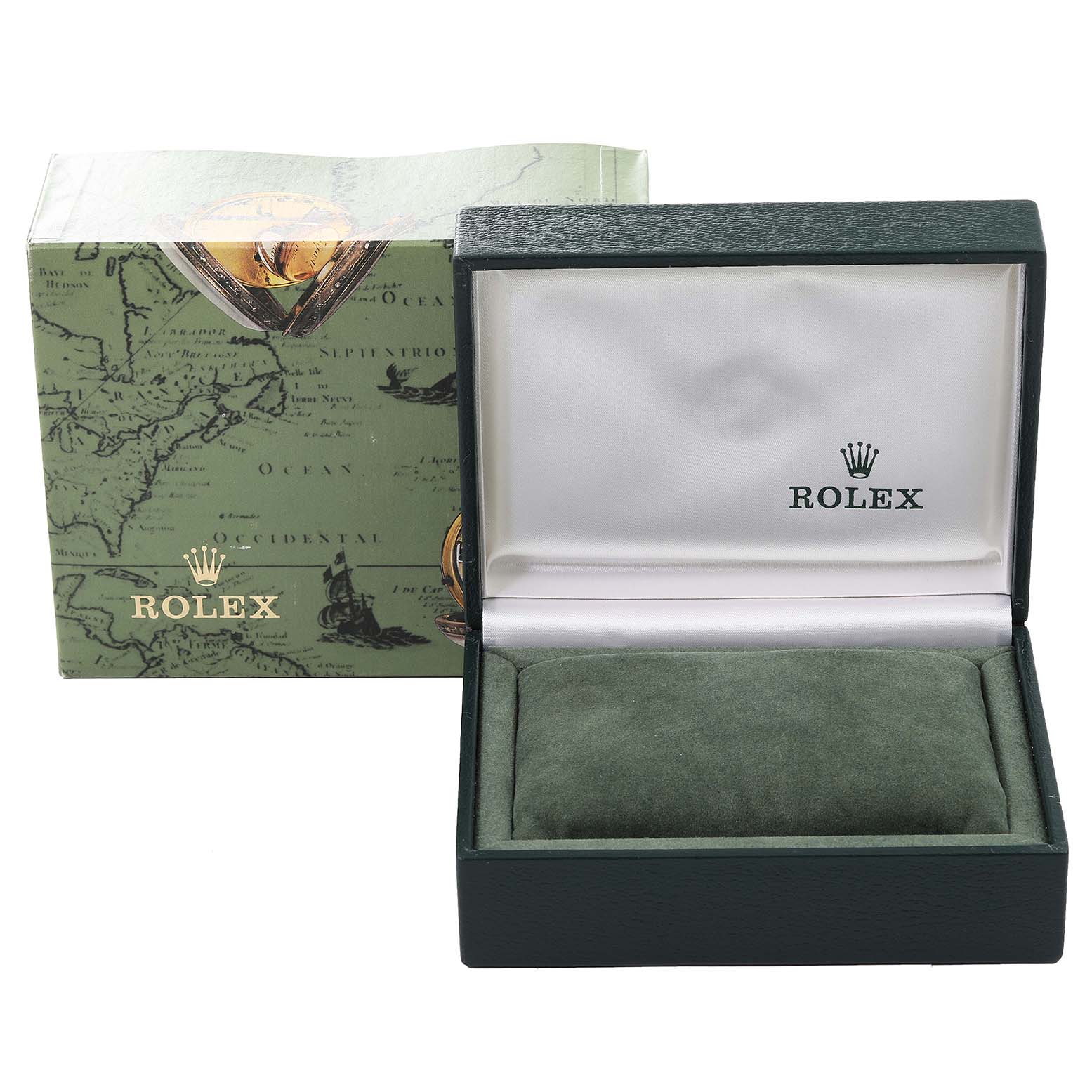 The image shows an empty Rolex Mid-Size 68273 Women's Steel and Gold (two tone) Blue Dial 68273 Women's Steel and Gold (two tone) Blue Dial model watch box, open to display its interior with a green cushion and branded inner lining.