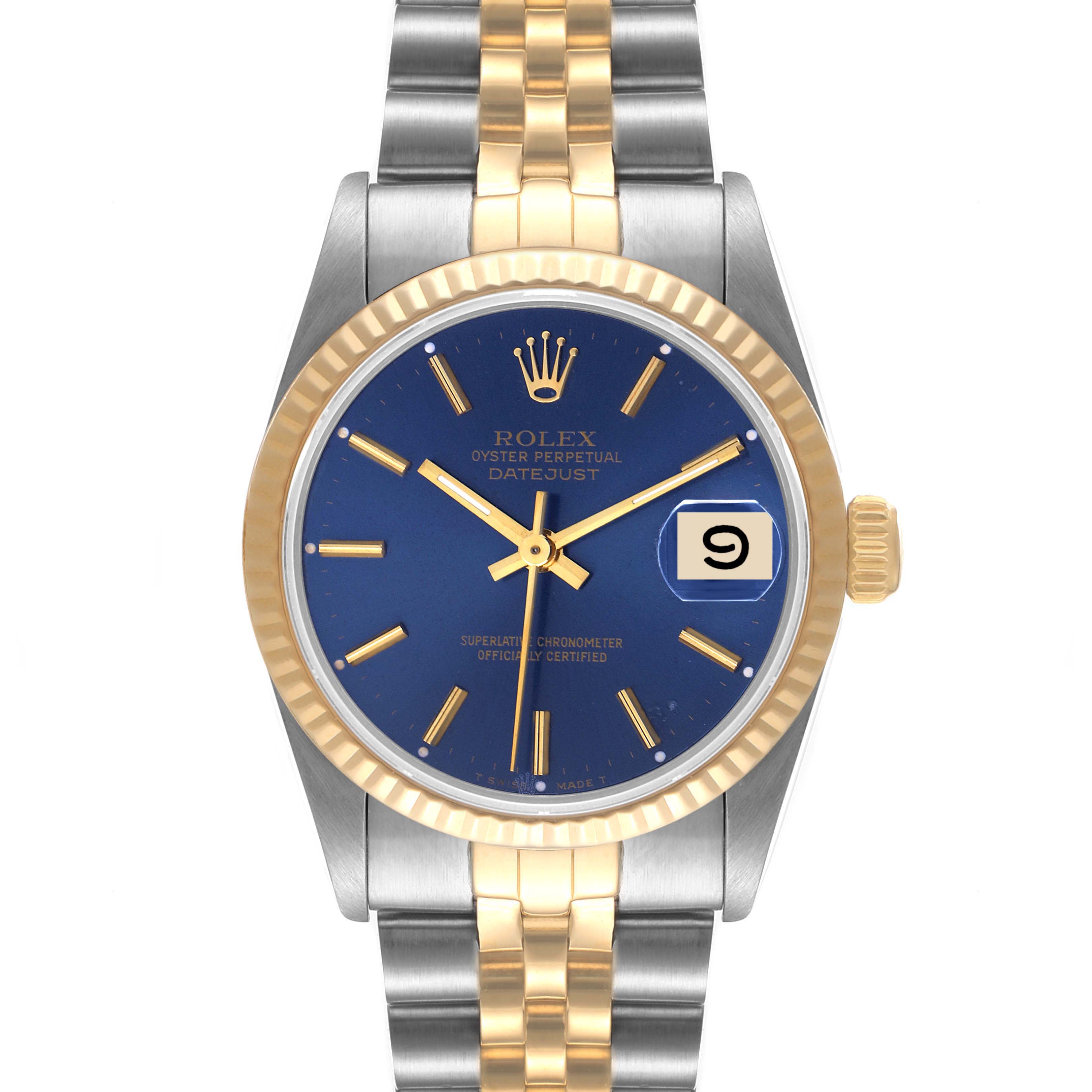 This image shows a front view of the Rolex Datejust Mid-Size watch, featuring a blue dial, gold bezel, and steel-gold Jubilee bracelet.