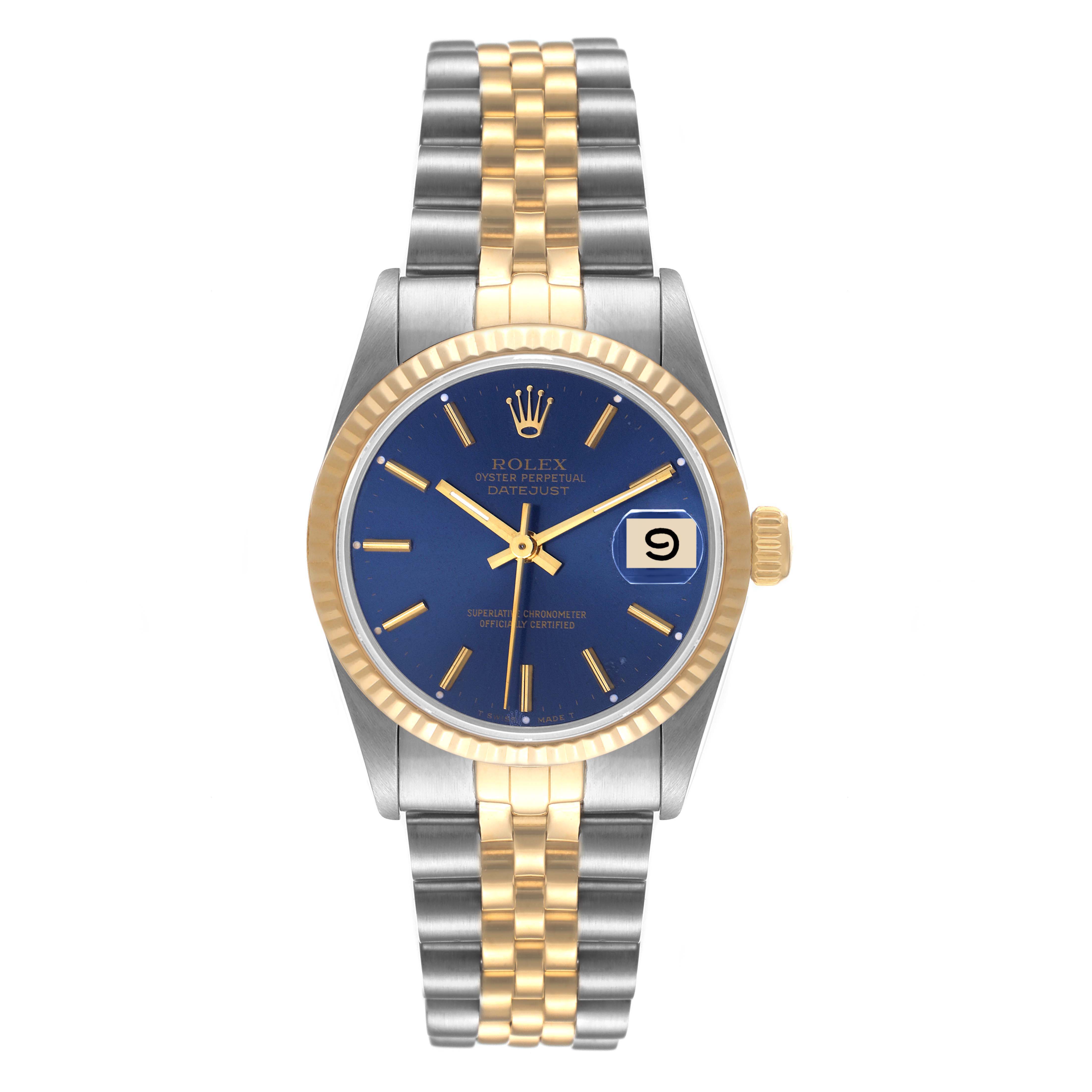 The image shows a front view of a Mid-Size Rolex Oyster Perpetual Datejust watch with a blue dial and two-tone metal bracelet.