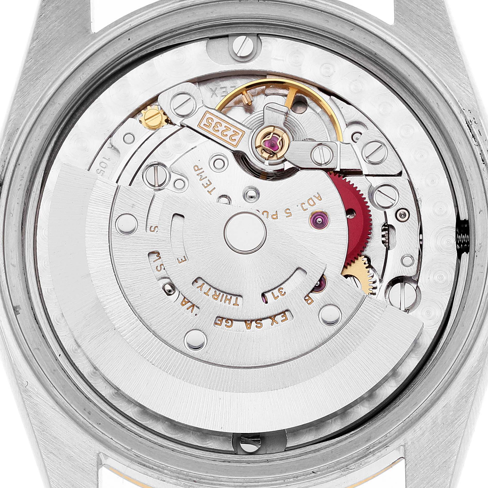 This image shows the back view of the Rolex Mid-Size 78273 Women's Steel and Gold (two tone) Mother of Pearl Dial 78273 Women's Steel and Gold (two tone) Mother of Pearl Dial model, showcasing its intricate movement and internal mechanisms.