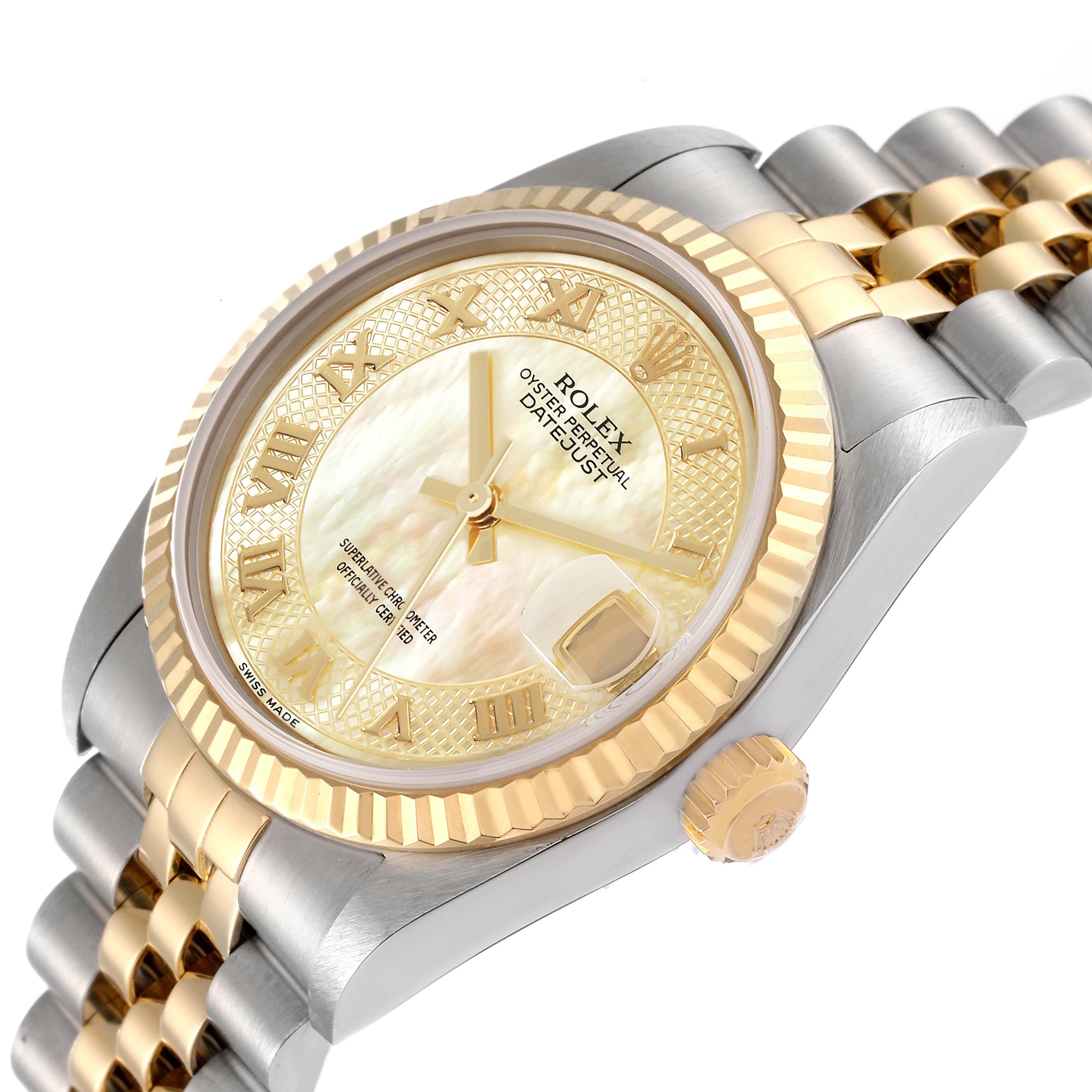 This image shows a Rolex Mid-Size 78273 Women's Steel and Gold (two tone) Mother of Pearl Dial 78273 Women's Steel and Gold (two tone) Mother of Pearl Dial Oyster Perpetual Datejust watch at an angled view, highlighting the dial, bezel, and part of the bracelet.
