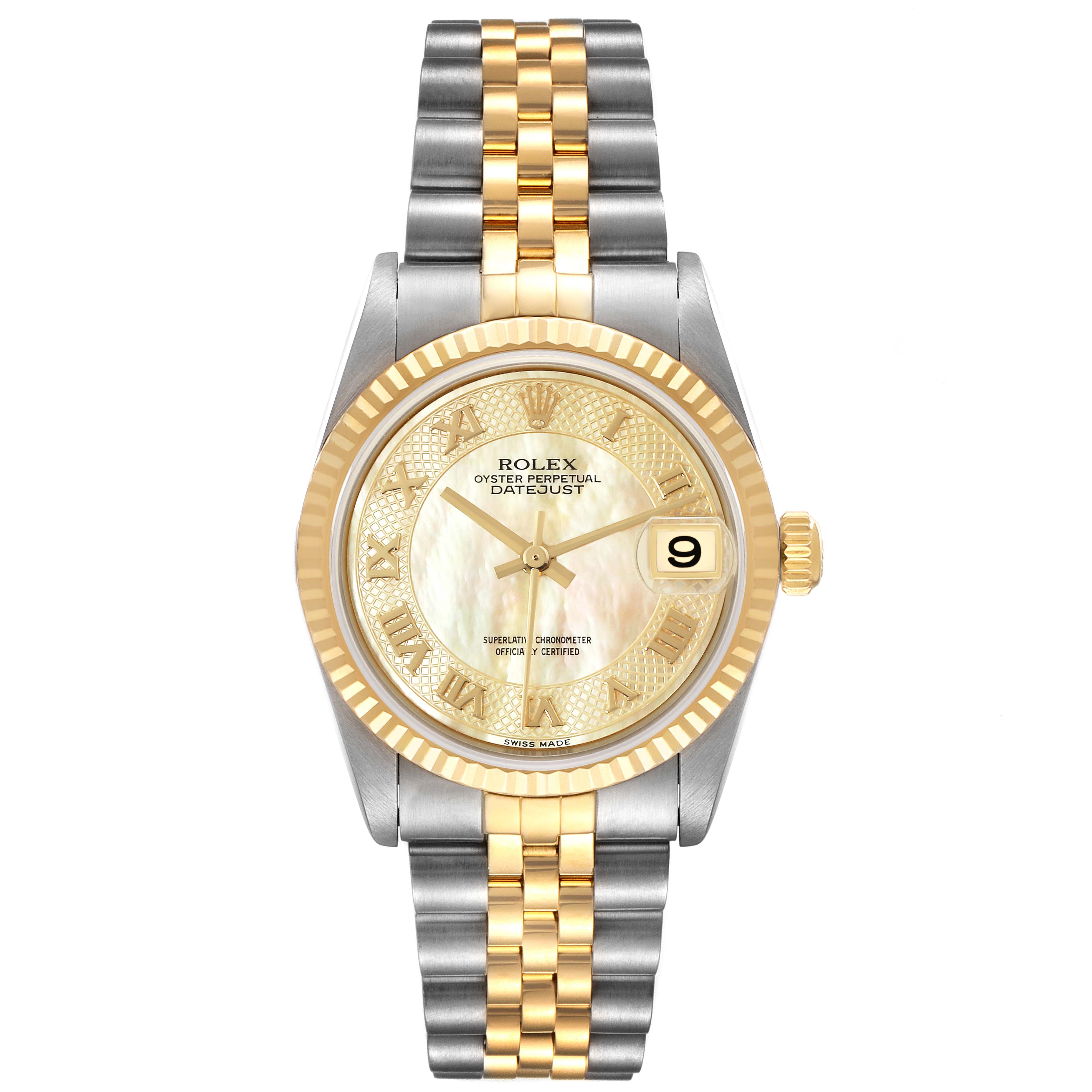 The image shows a front view of a Rolex Mid-Size 78273 Women's Steel and Gold (two tone) Mother of Pearl Dial 78273 Women's Steel and Gold (two tone) Mother of Pearl Dial Datejust watch, featuring a two-tone bracelet, fluted bezel, and date display.