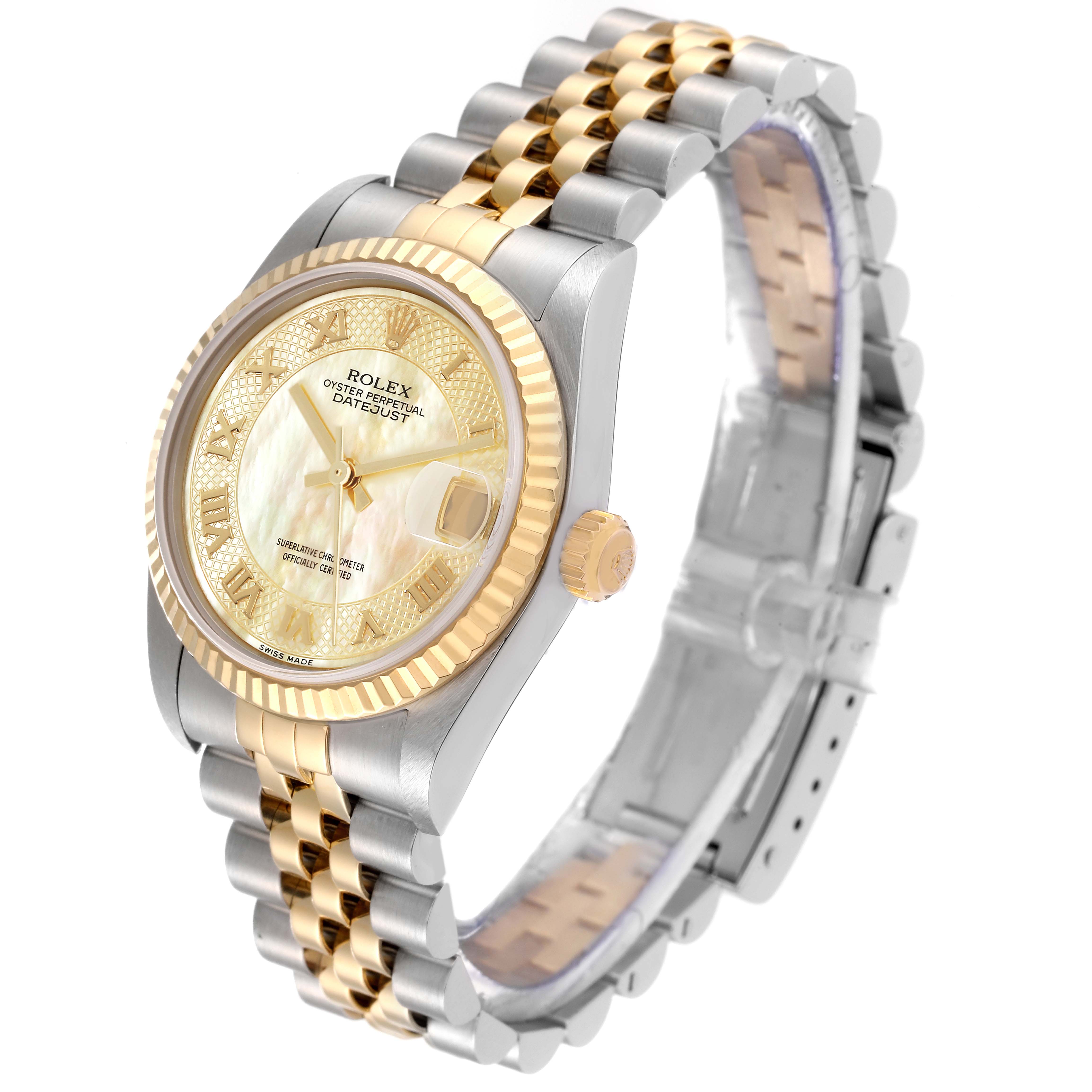The image shows a Rolex Oyster Perpetual Datejust Mid-Size watch, highlighting the face, bezel, and two-tone bracelet at a three-quarter angle.