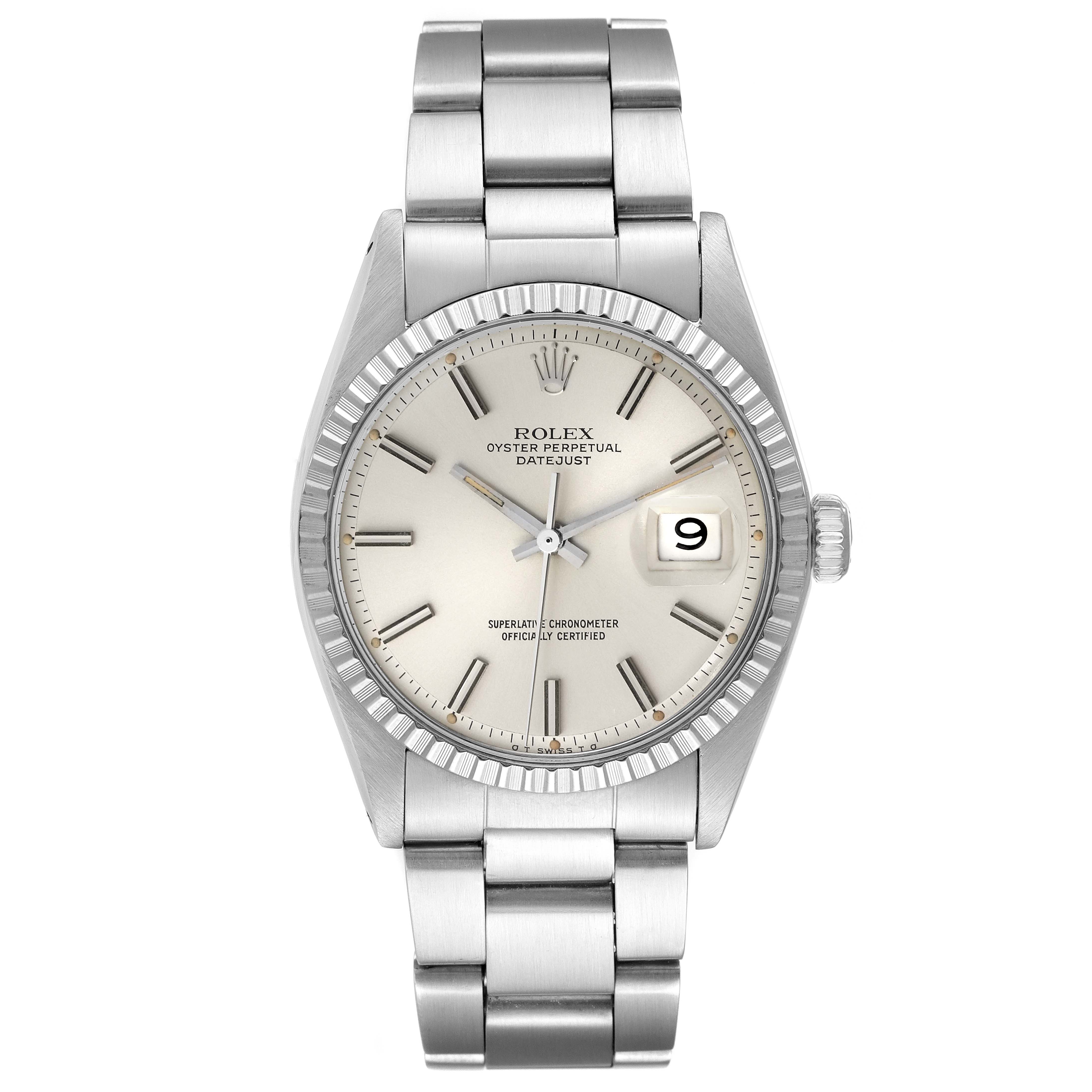This is a front view showing the face and bracelet of the Rolex Vintage Collection 1603 Men's Stainless Steel Silver Dial 1603 Men's Stainless Steel Silver Dial Oyster Perpetual Datejust model.