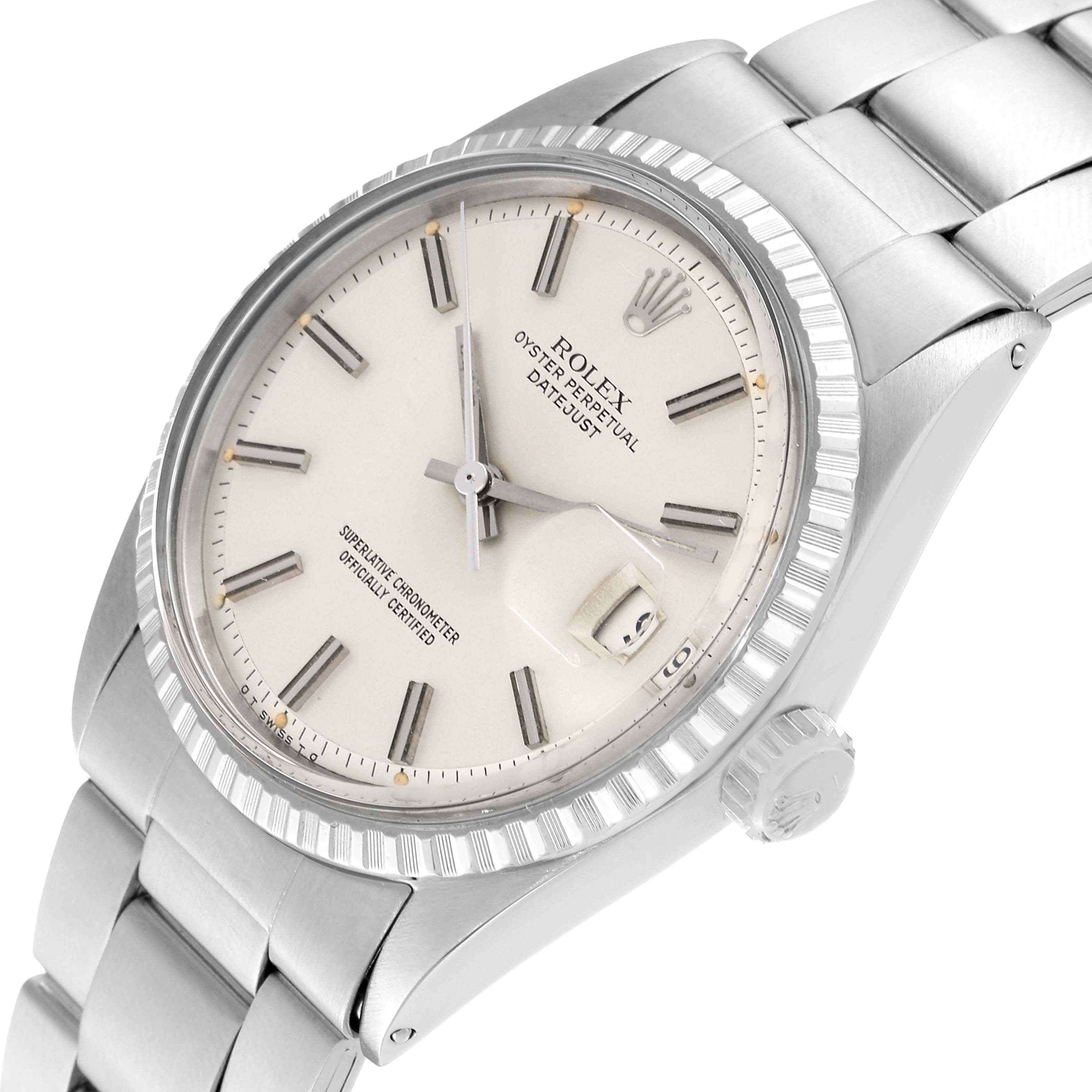 The image shows a Rolex Vintage Collection 1603 Men's Stainless Steel Silver Dial 1603 Men's Stainless Steel Silver Dial watch at an angled close-up, displaying the face, bezel, crown, and part of the bracelet.