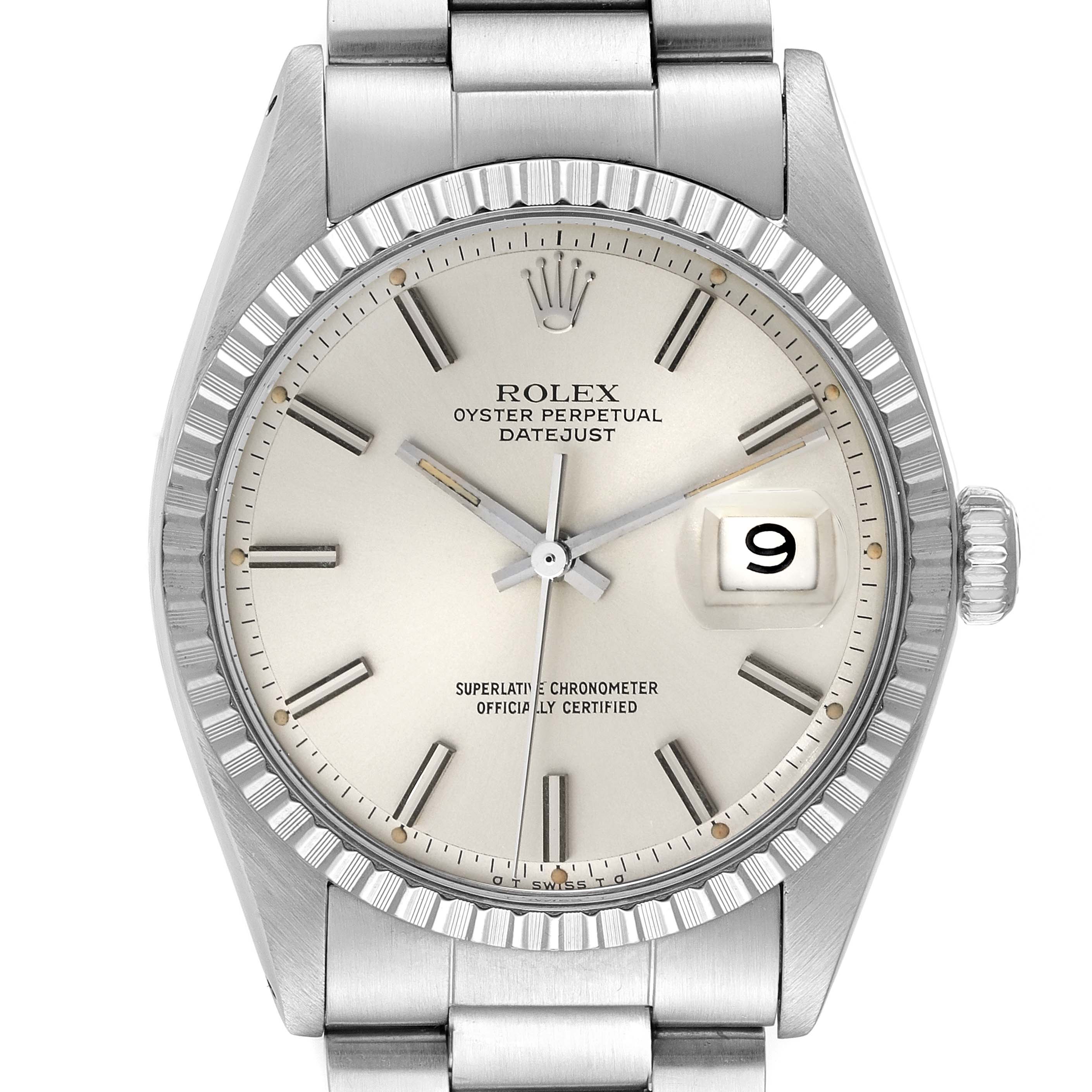 The image shows the front view of a Rolex Vintage Collection 1603 Men's Stainless Steel Silver Dial 1603 Men's Stainless Steel Silver Dial Datejust watch, highlighting the dial, bezel, and partial bracelet.