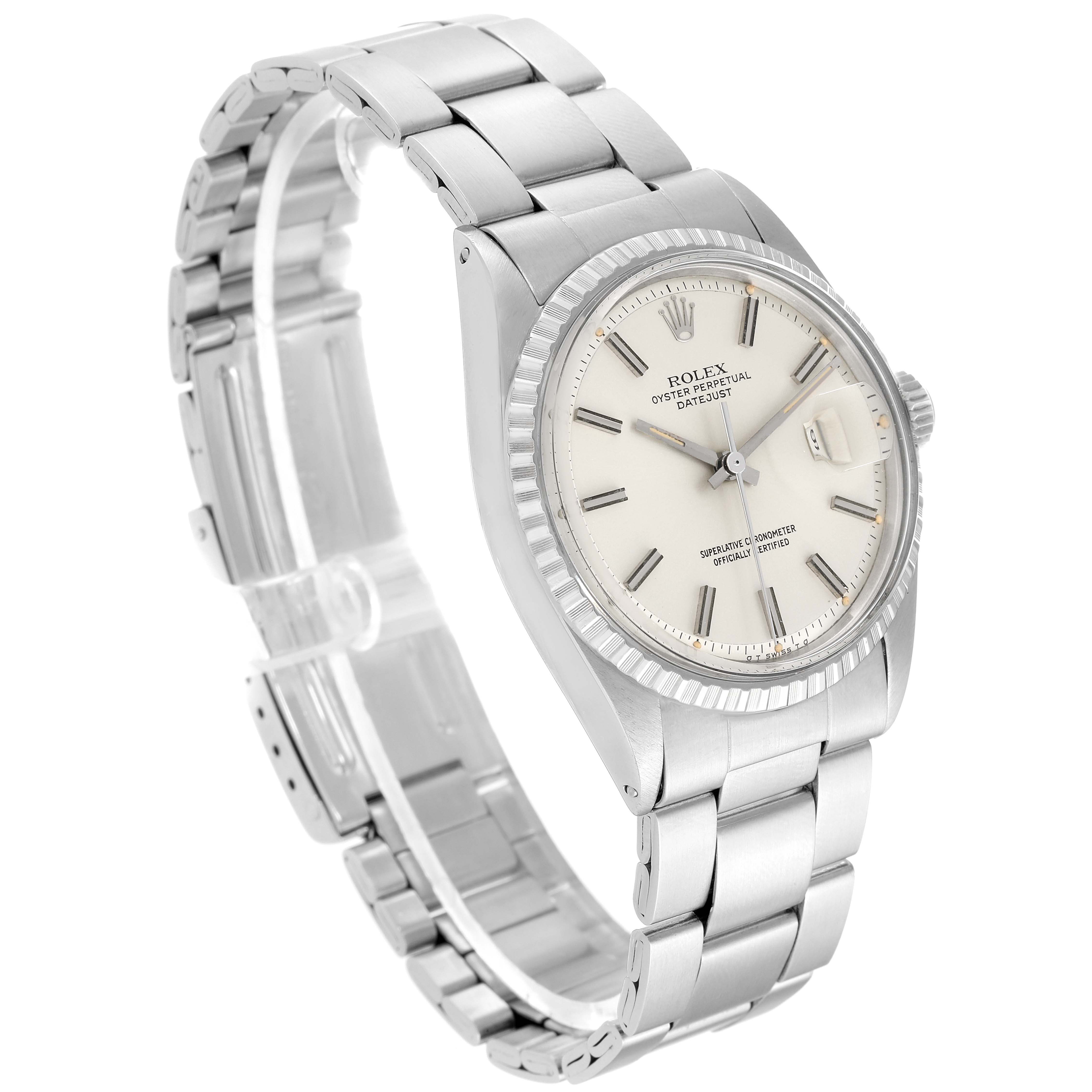 The image shows a side angle view of the Rolex Vintage Collection 1603 Men's Stainless Steel Silver Dial 1603 Men's Stainless Steel Silver Dial watch, highlighting its face, bezel, crown, and bracelet band.