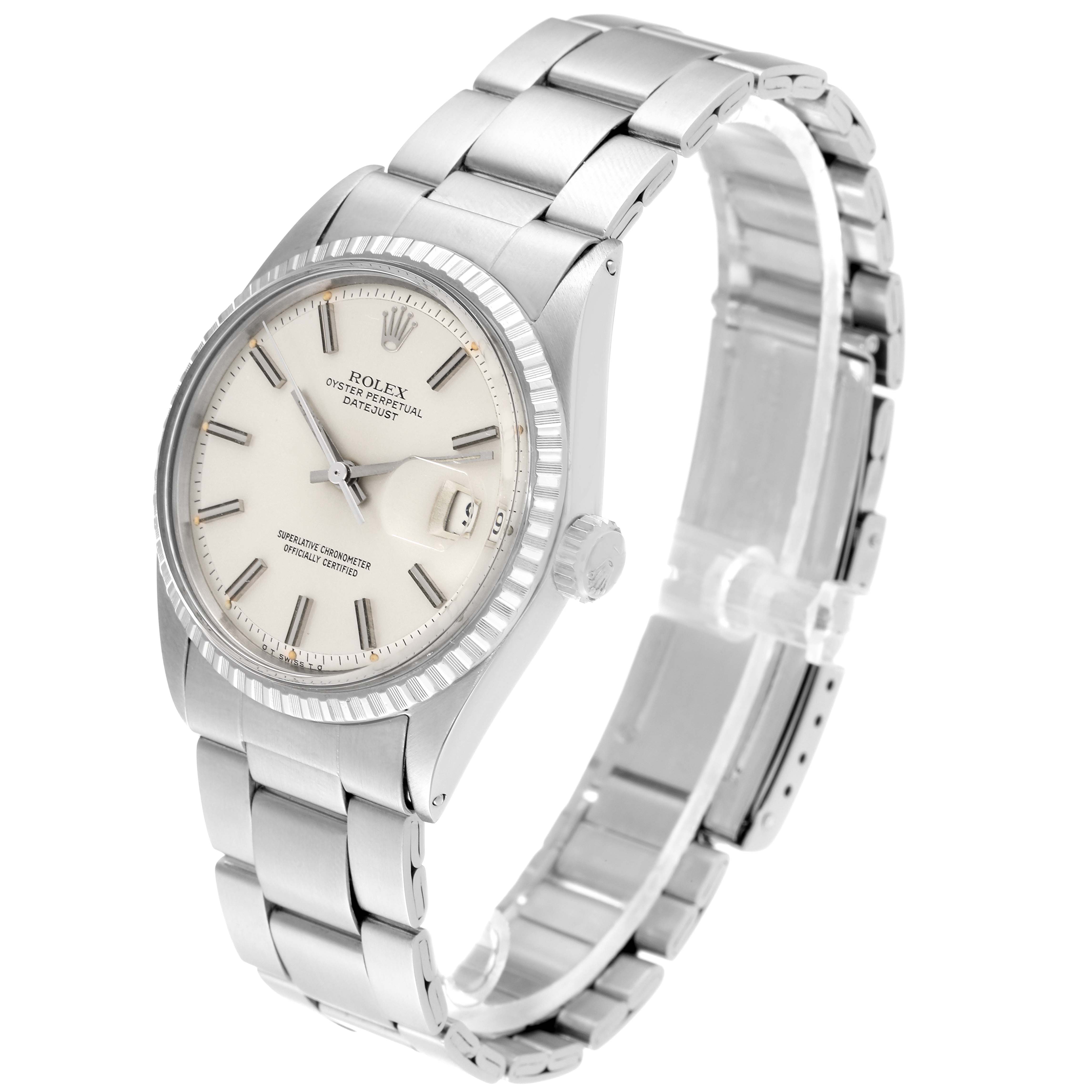 The Rolex Vintage Collection 1603 Men's Stainless Steel Silver Dial 1603 Men's Stainless Steel Silver Dial model is shown from a slightly angled side view, displaying its face and metal bracelet.