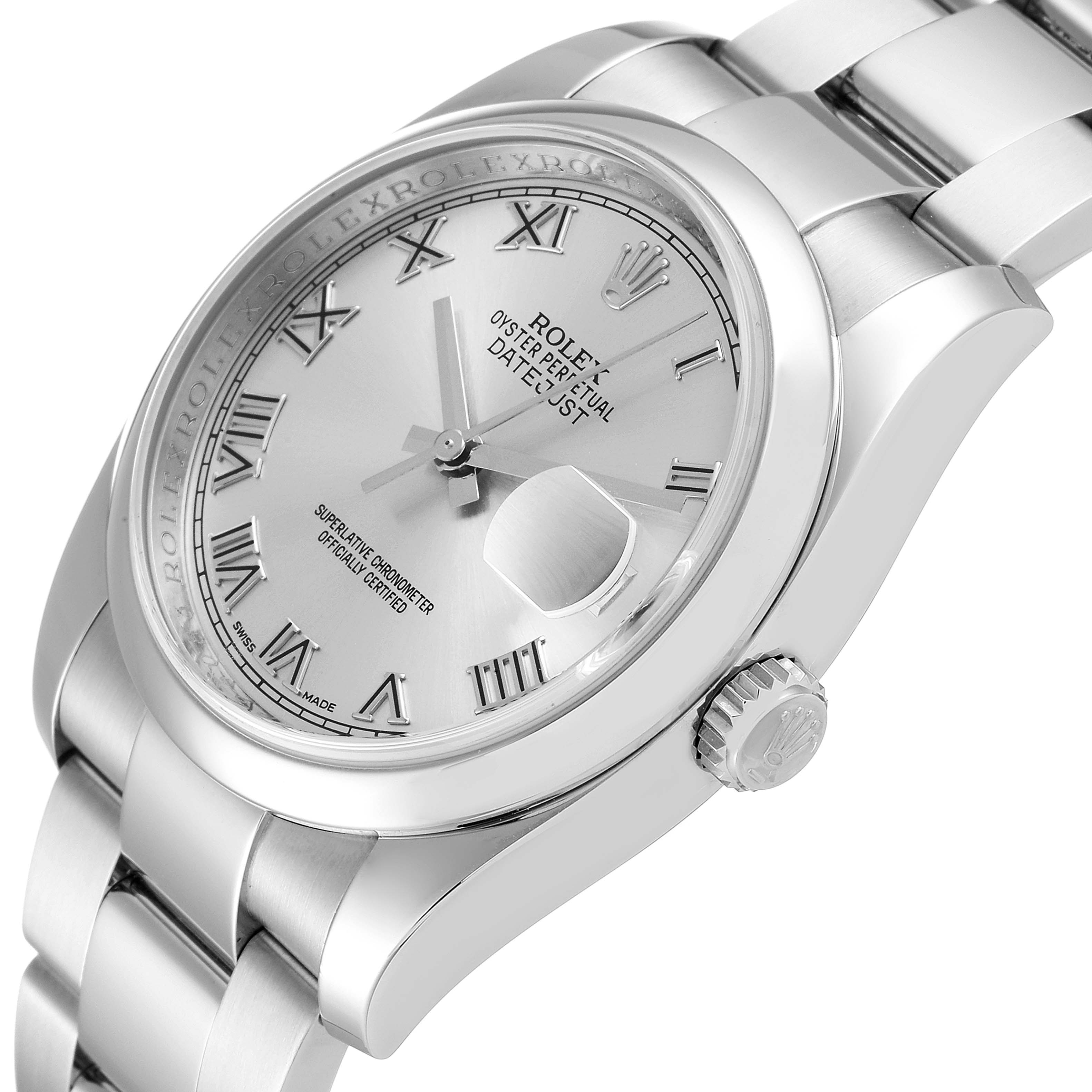This image shows a close-up of a Rolex Datejust 116200 Men's Stainless Steel Silver Dial 116200 Men's Stainless Steel Silver Dial watch face and part of the band at an angled perspective. 