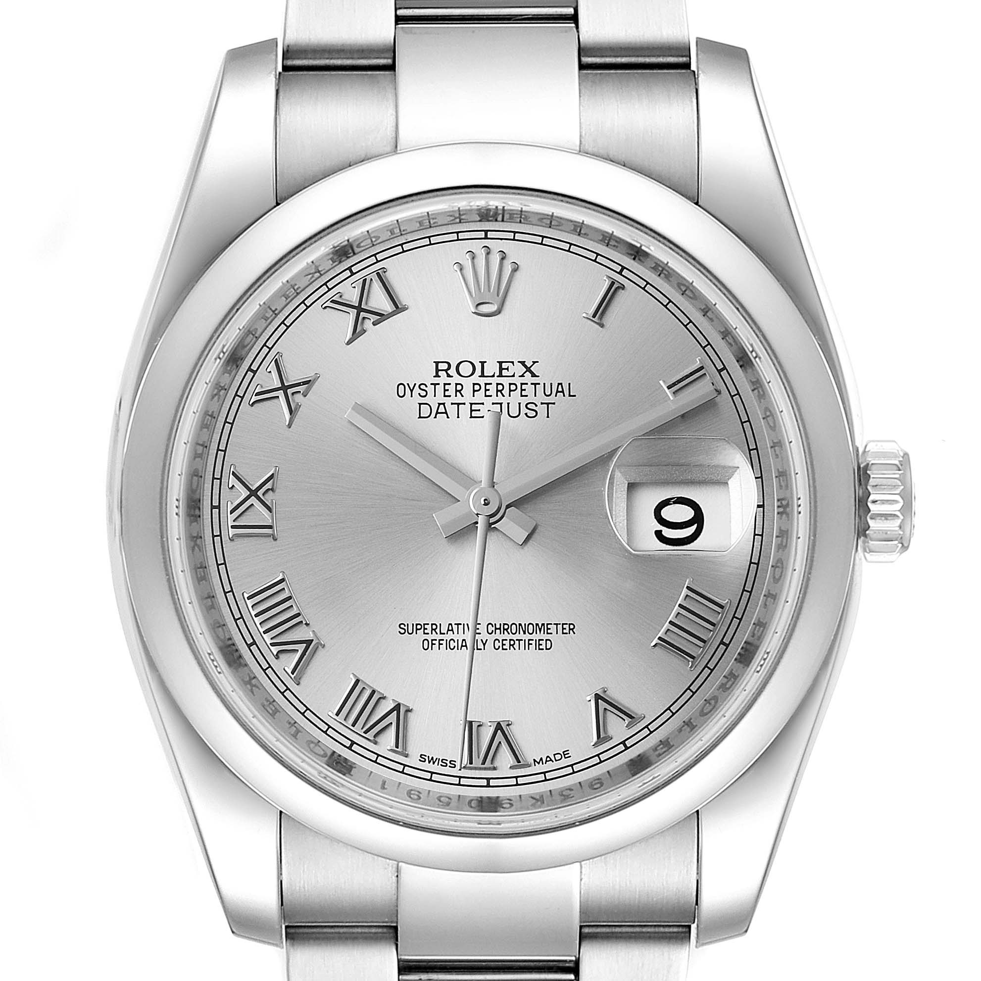 This image shows a front view of a Rolex Datejust 116200 Men's Stainless Steel Silver Dial 116200 Men's Stainless Steel Silver Dial watch, highlighting the dial, hands, date window, and bracelet.