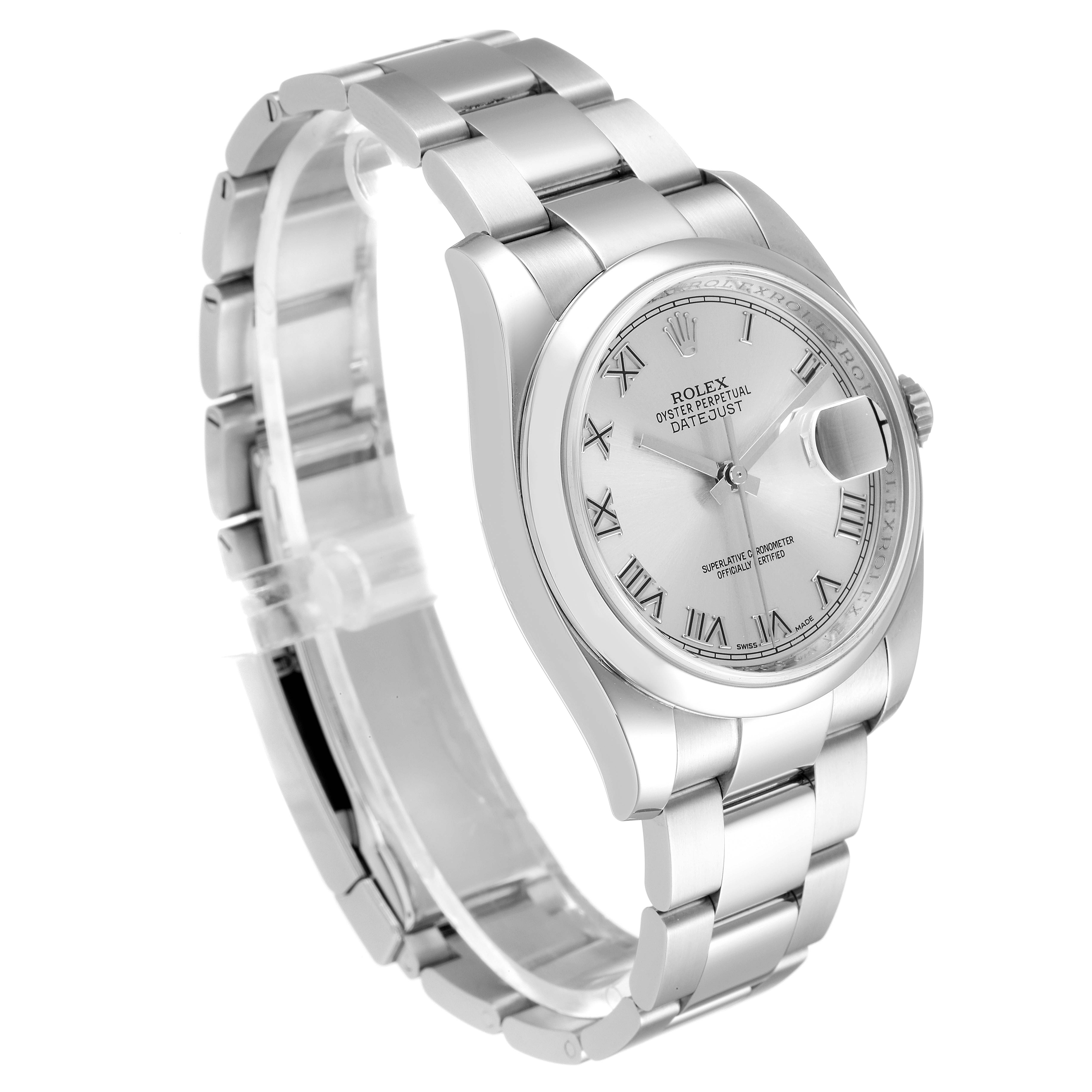 The Rolex Datejust 116200 Men's Stainless Steel Silver Dial 116200 Men's Stainless Steel Silver Dial watch is shown at a three-quarter angle, highlighting its dial, bezel, and stainless steel bracelet.