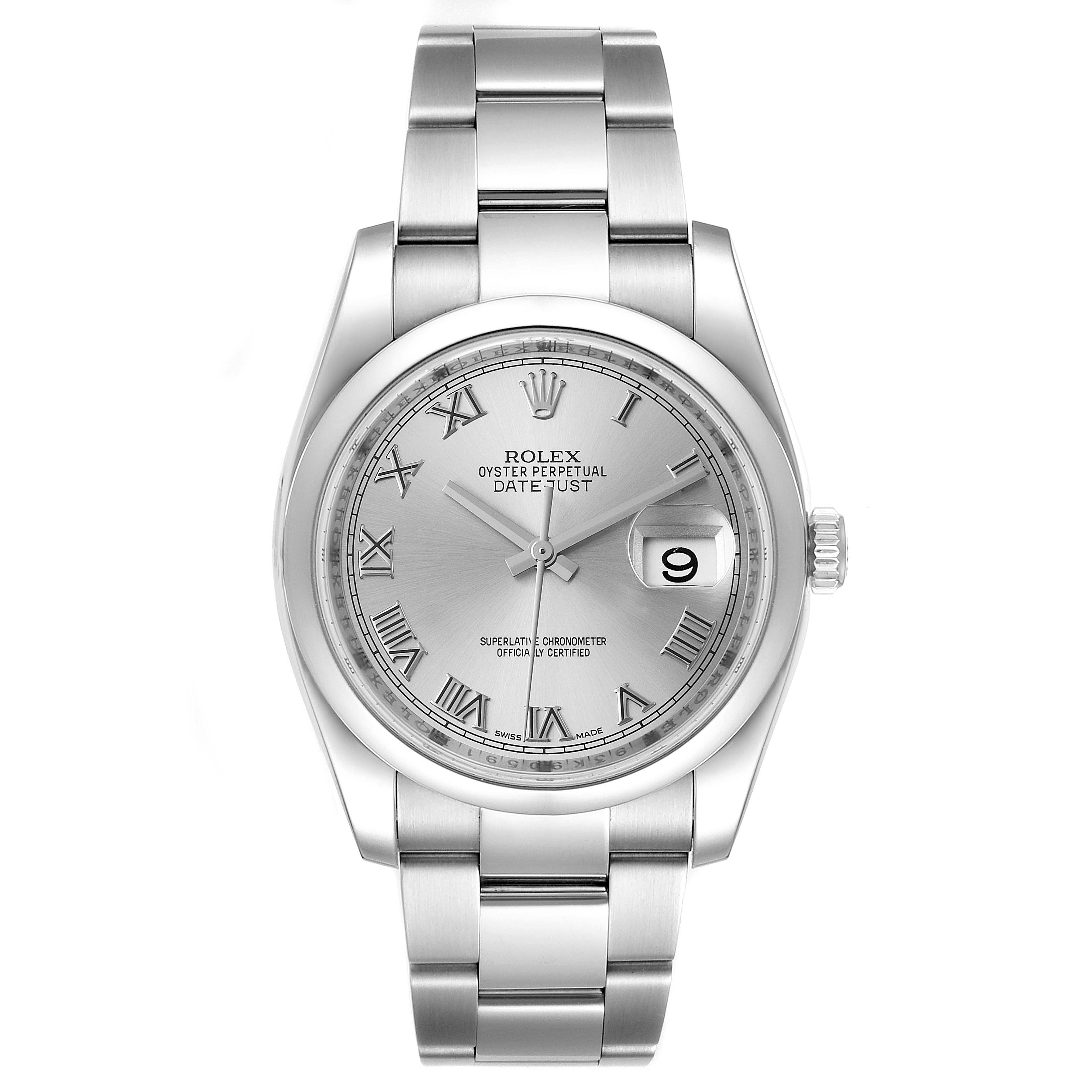 The image shows a front view of the Rolex Datejust 116200 Men's Stainless Steel Silver Dial 116200 Men's Stainless Steel Silver Dial watch, displaying its silver dial, Roman numeral markers, date window, and stainless steel bracelet.