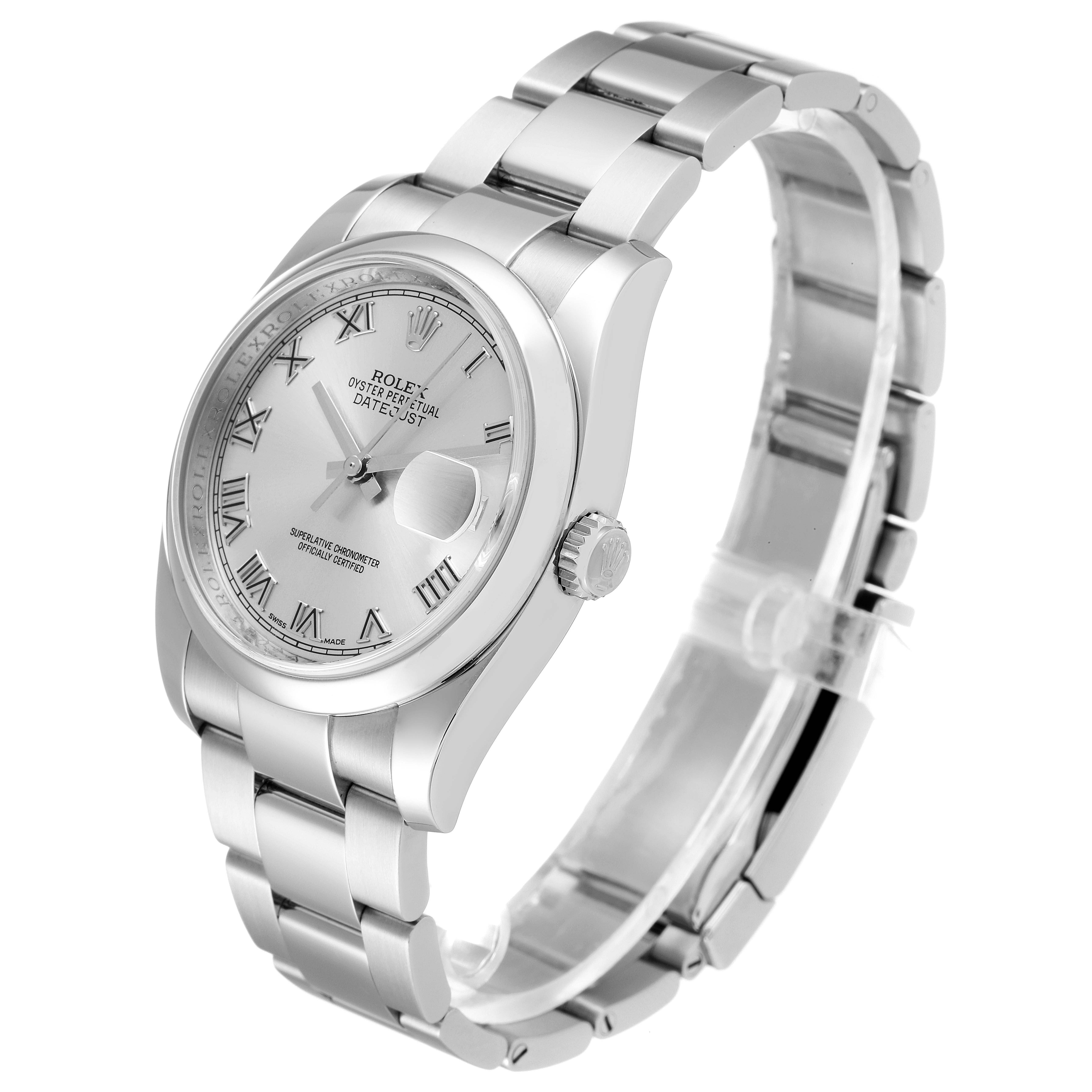 The image shows a Rolex Datejust 116200 Men's Stainless Steel Silver Dial 116200 Men's Stainless Steel Silver Dial watch at an angled side view, highlighting its dial, bracelet, and crown.