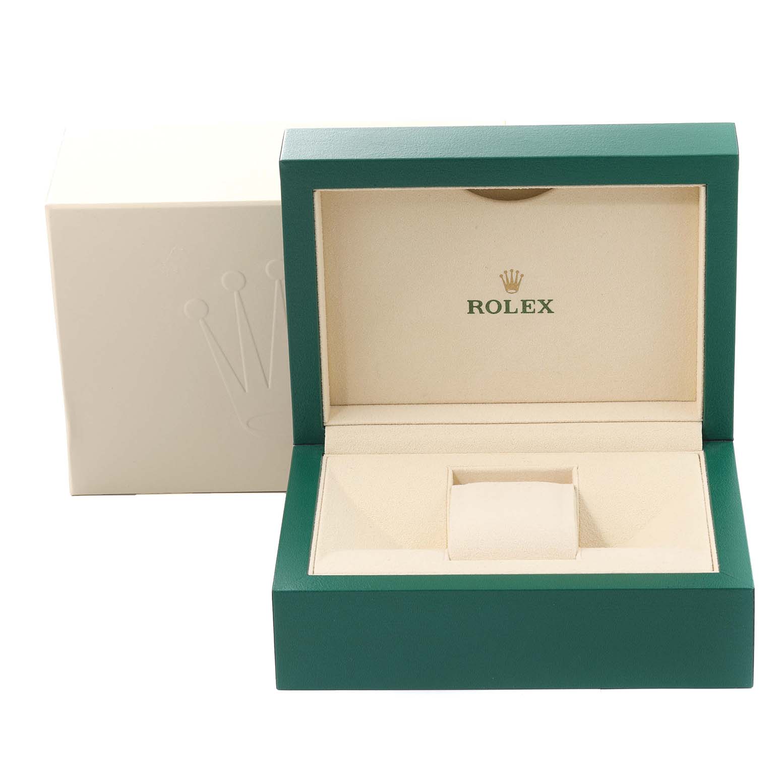 The image shows an open green and beige Rolex Datejust 116243 Men's Steel and Gold (two tone) Silver Dial 116243 Men's Steel and Gold (two tone) Silver Dial watch box with the Rolex logo inside.