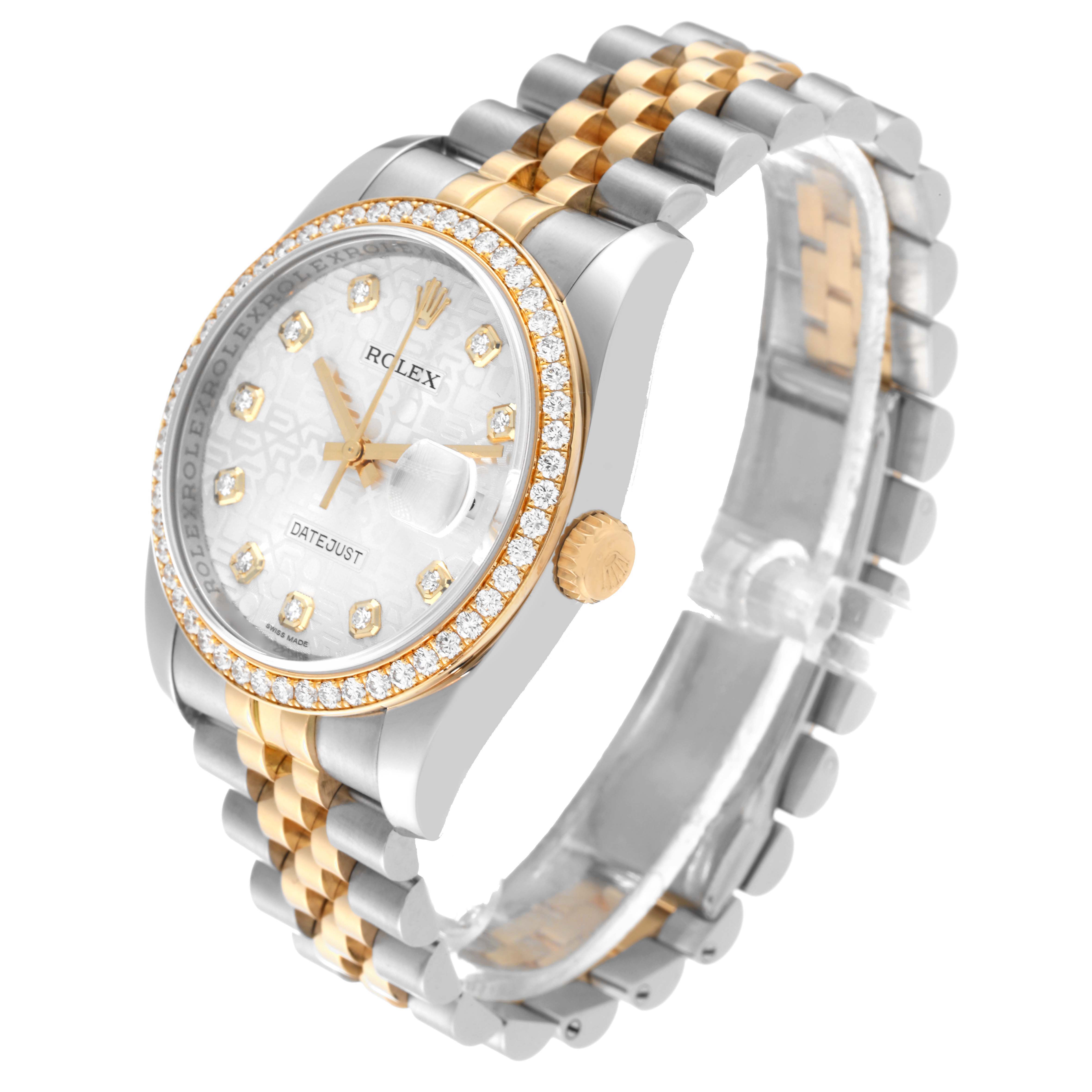 The image shows a Rolex Datejust 116243 Men's Steel and Gold (two tone) Silver Dial 116243 Men's Steel and Gold (two tone) Silver Dial watch at a three-quarter angle, showcasing the dial, bezel, bracelet, and crown.