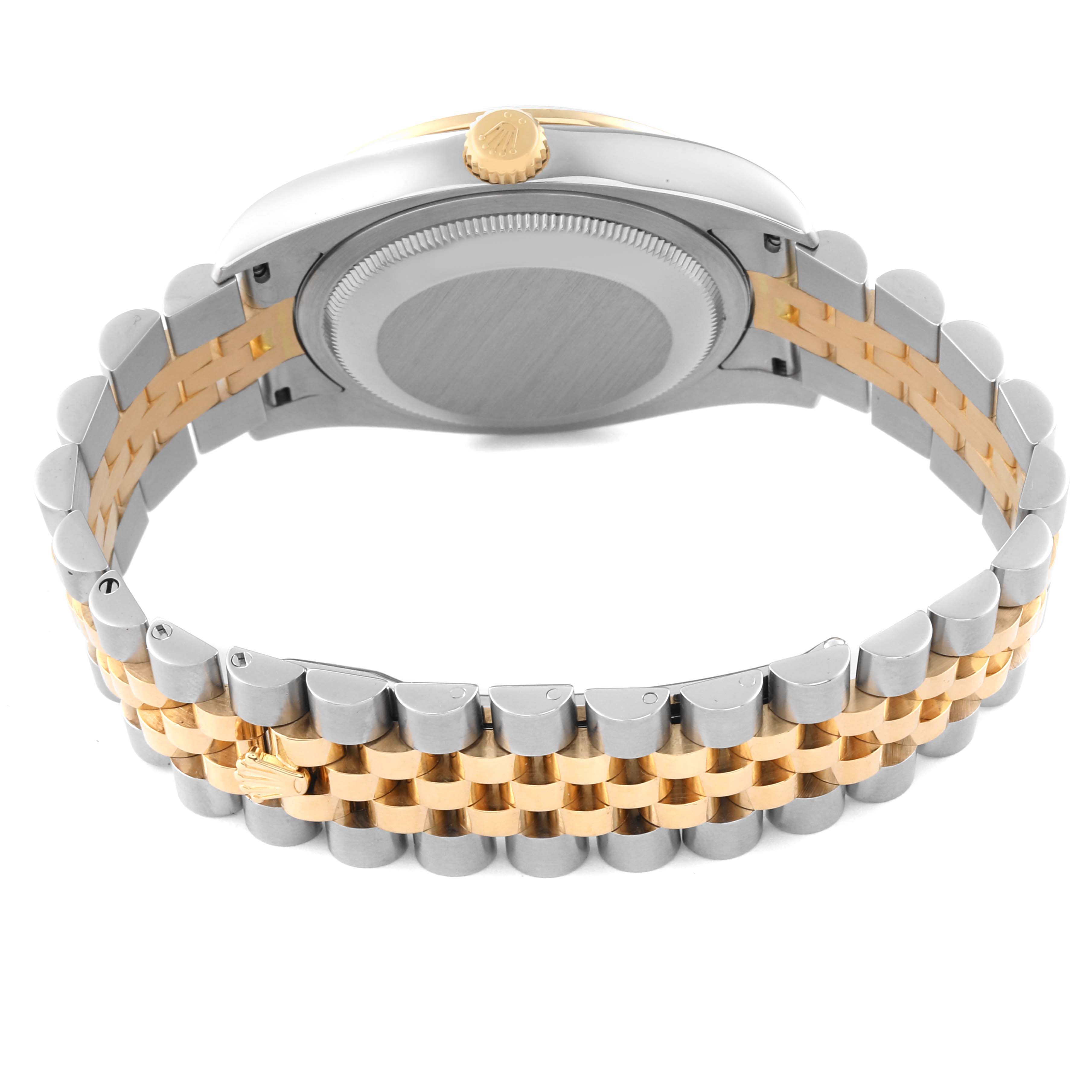 The image shows the back view of a Rolex Datejust 116243 Men's Steel and Gold (two tone) Silver Dial 116243 Men's Steel and Gold (two tone) Silver Dial watch, highlighting its case back and two-tone bracelet with gold and silver links.