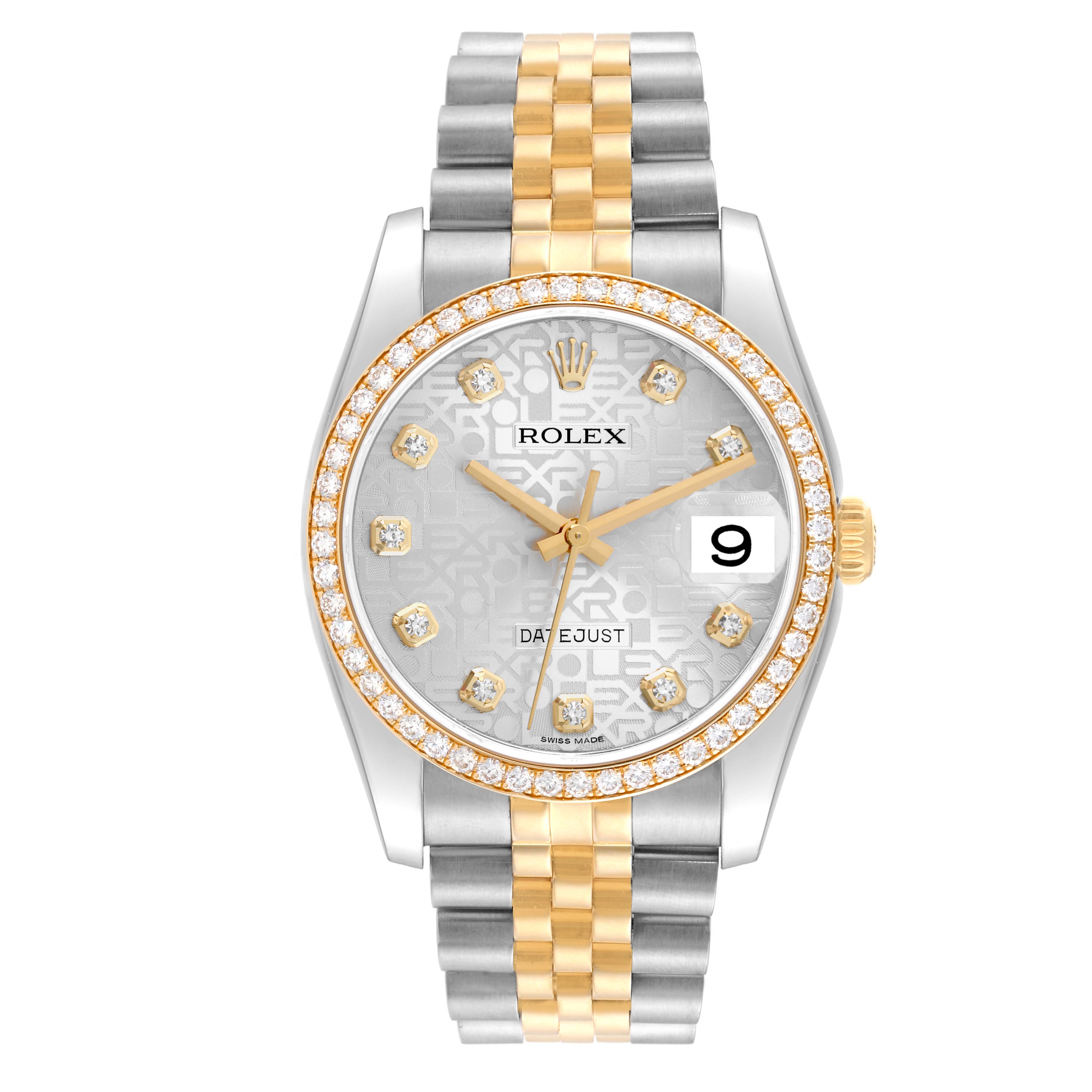 The image shows a front view of a Rolex Datejust 116243 Men's Steel and Gold (two tone) Silver Dial 116243 Men's Steel and Gold (two tone) Silver Dial watch with a two-tone bracelet and diamond-encrusted bezel.