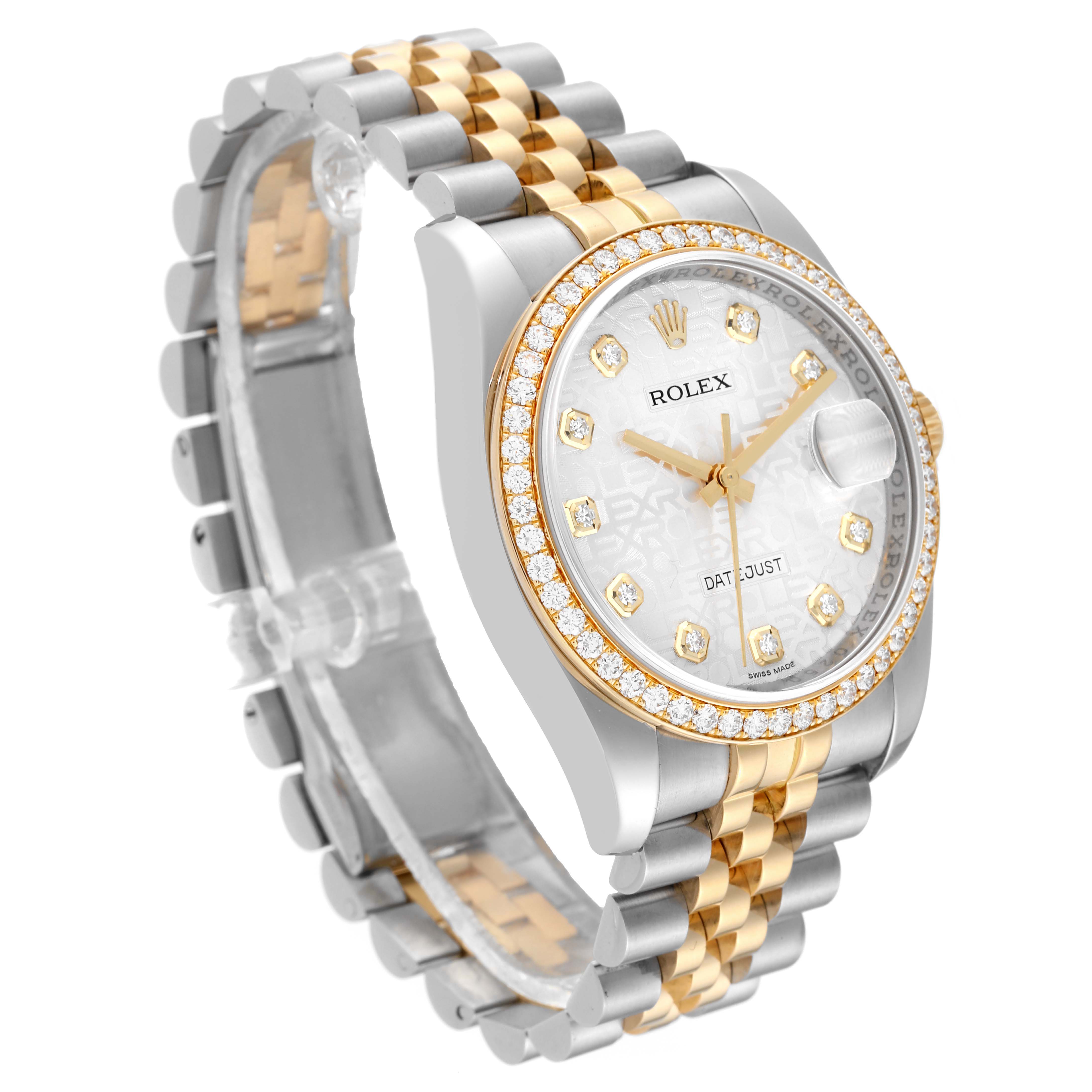 The image shows a Rolex Datejust 116243 Men's Steel and Gold (two tone) Silver Dial 116243 Men's Steel and Gold (two tone) Silver Dial watch from a front angle, highlighting its two-tone bracelet, diamond bezel, and dial.