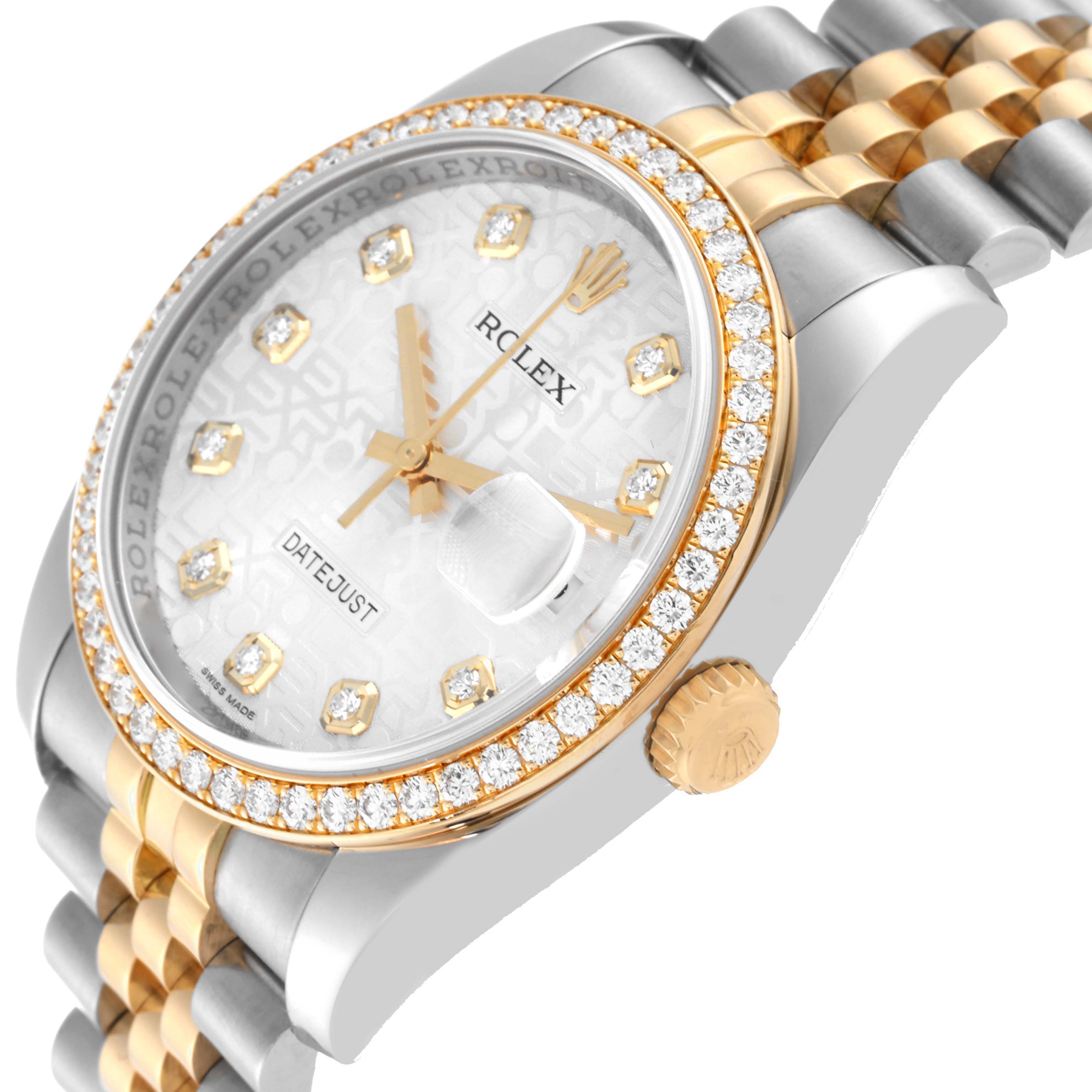 The image shows a side angle of a Rolex Datejust 116243 Men's Steel and Gold (two tone) Silver Dial 116243 Men's Steel and Gold (two tone) Silver Dial watch, highlighting the bezel, crown, dial, and part of the bracelet.