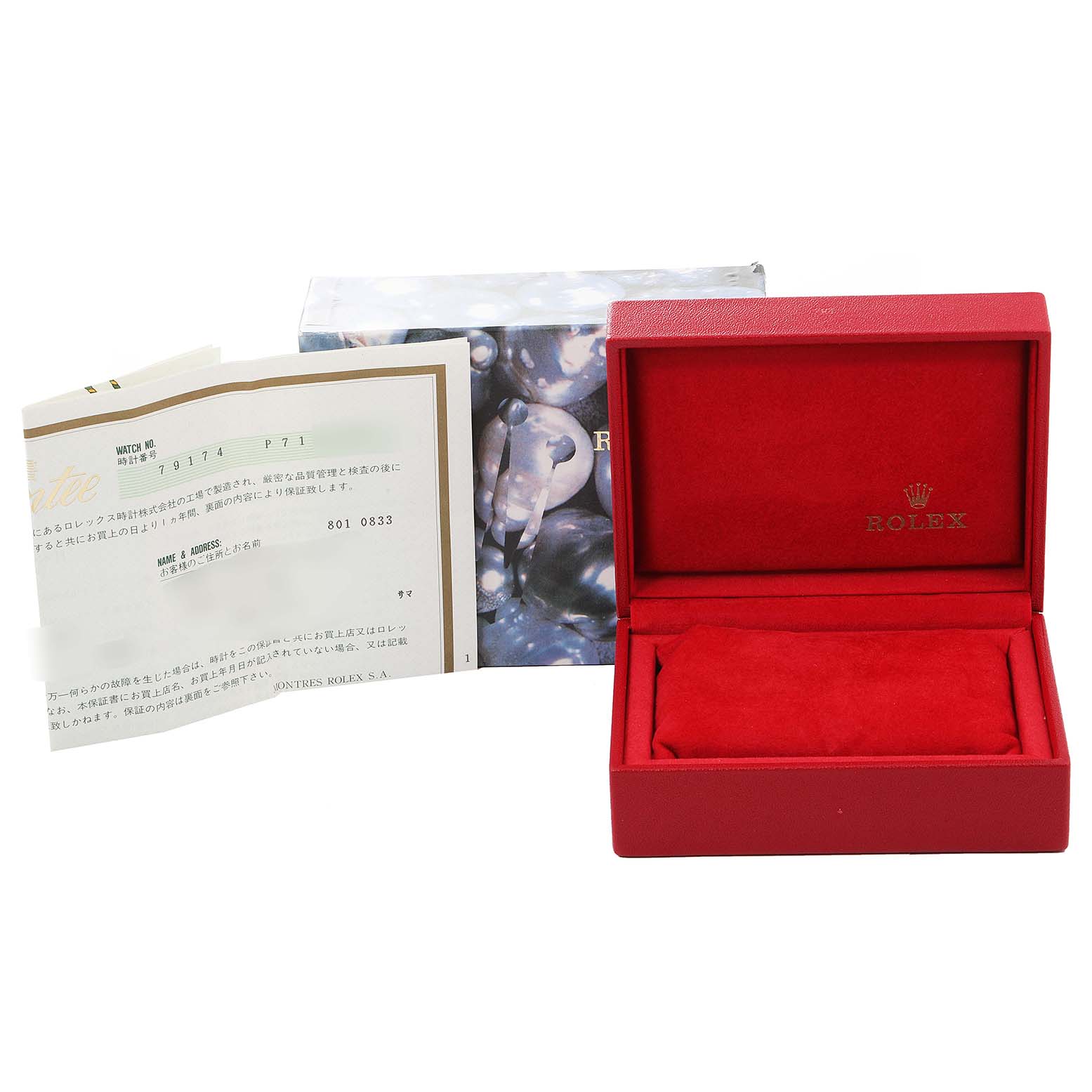 This image shows the open red box of a Rolex Datejust 79174 Women
s Stainless Steel Blue Dial 79174 Women
s Stainless Steel Blue Dial watch, with accompanying paperwork and packaging.