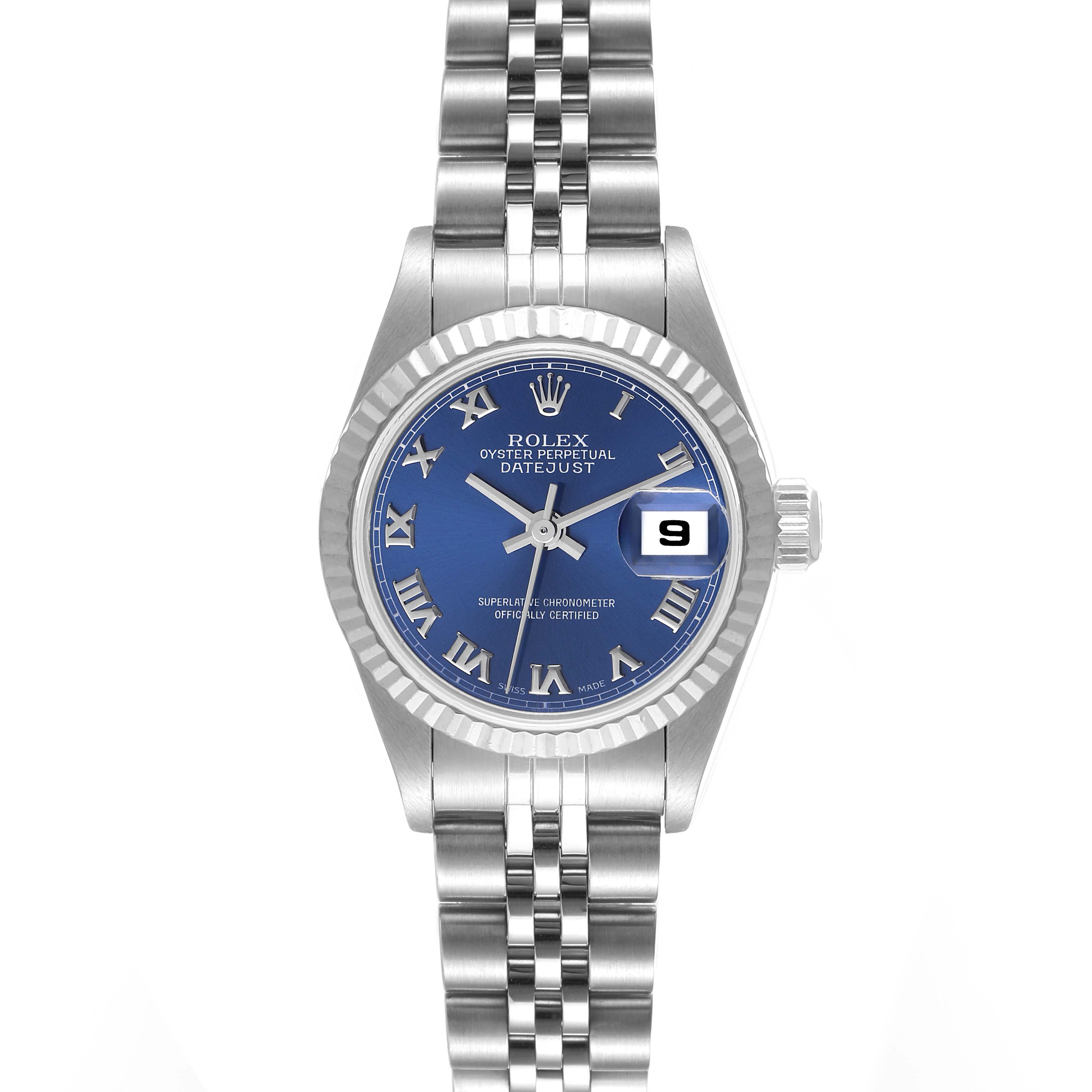 This is a Rolex Datejust 79174 Women
s Stainless Steel Blue Dial 79174 Women
s Stainless Steel Blue Dial watch shown from a top-down angle displaying the face, fluted bezel, and bracelet.