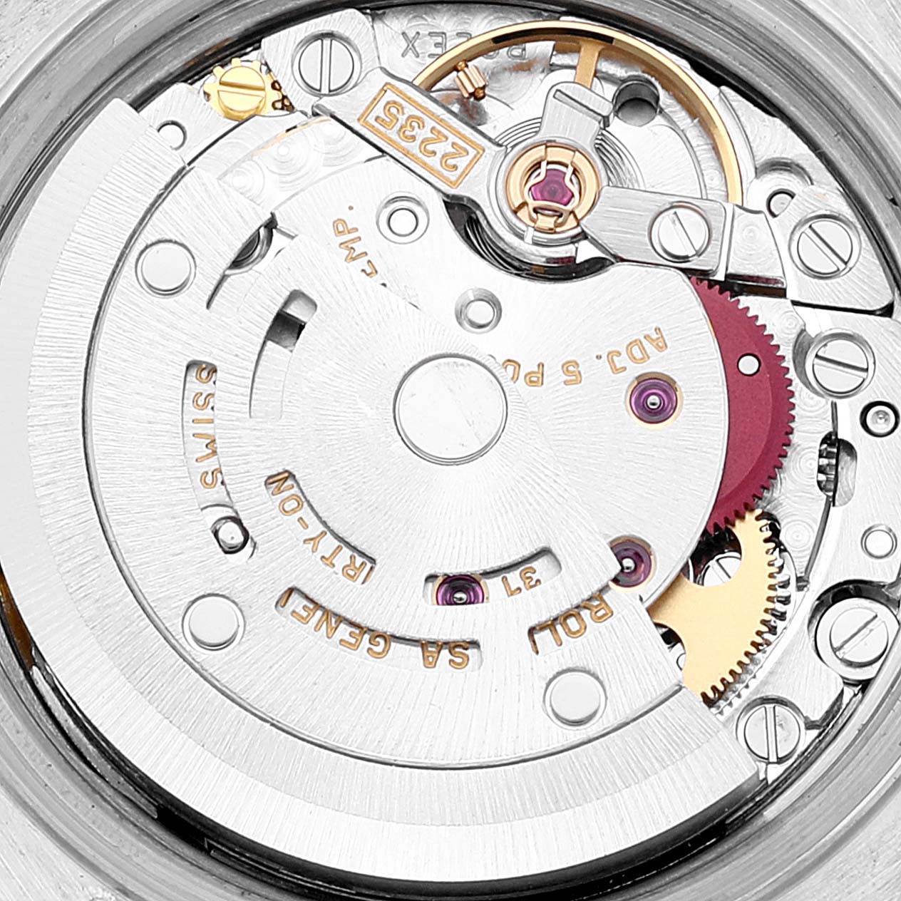 The image shows a close-up view of the movement and internal mechanisms of a Rolex Datejust 79174 Women
s Stainless Steel Blue Dial 79174 Women
s Stainless Steel Blue Dial watch.