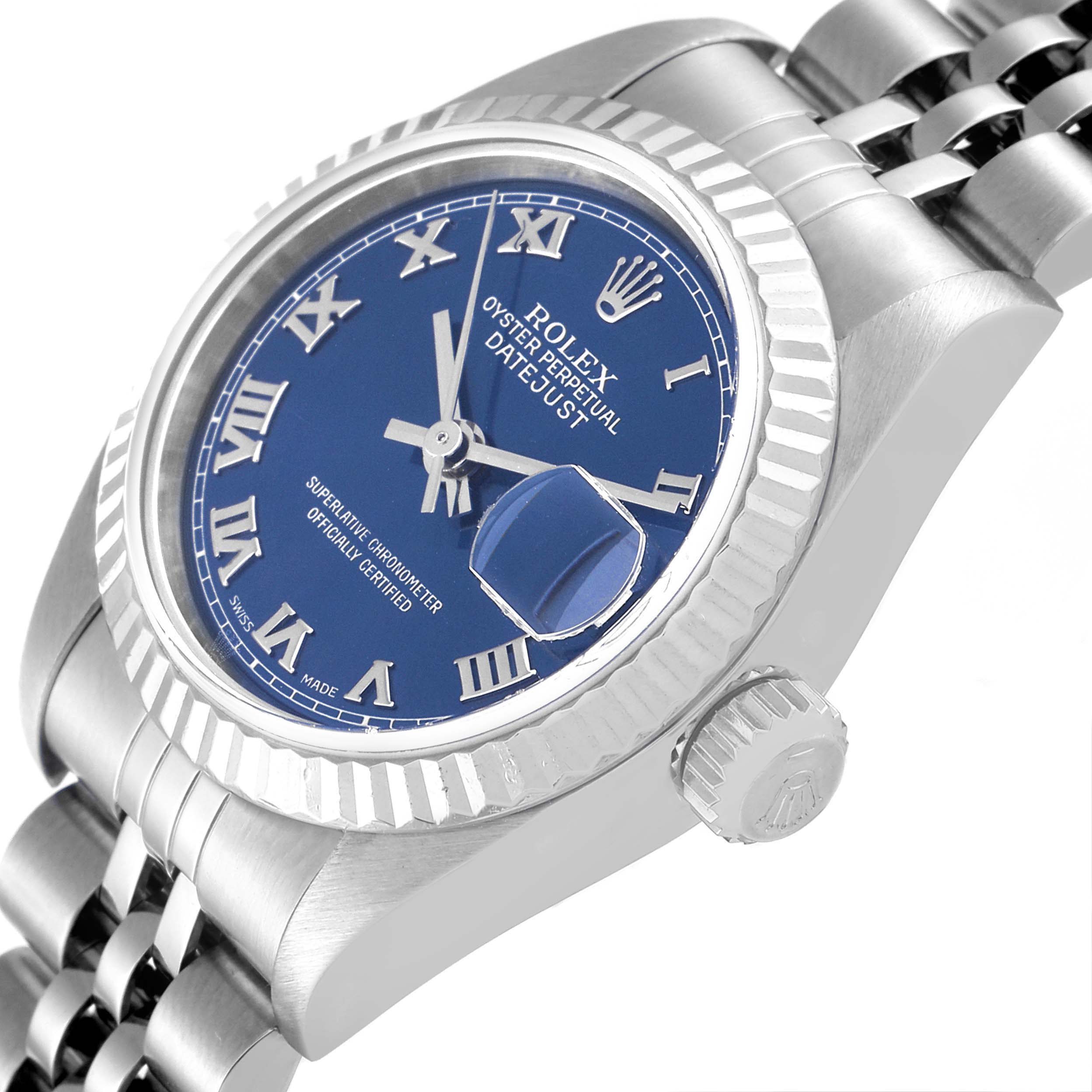 This image shows a partial front and side view of a Rolex Datejust 79174 Women
s Stainless Steel Blue Dial 79174 Women
s Stainless Steel Blue Dial watch with a blue dial and jubilee bracelet.
