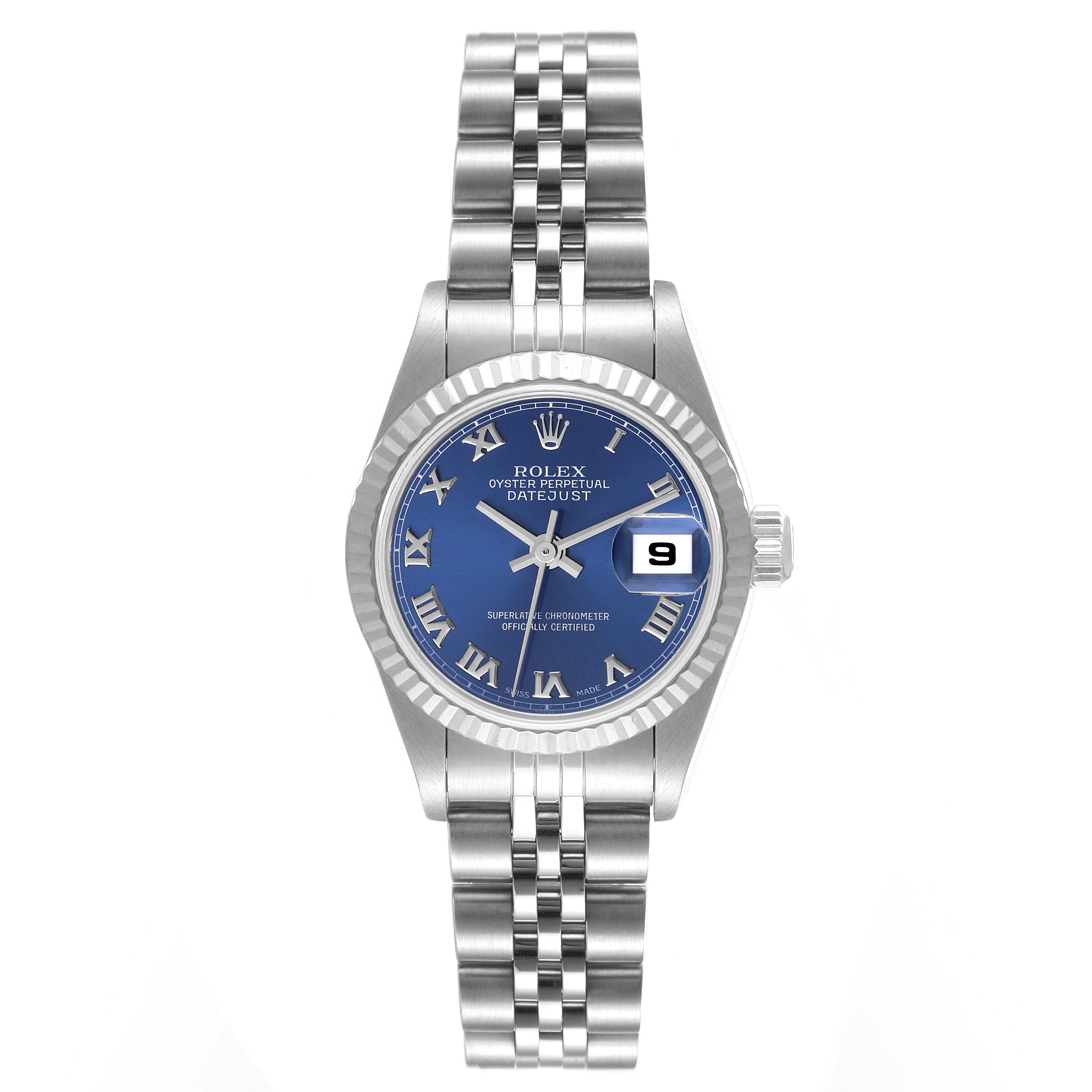 The image shows a front view of a Rolex Datejust 79174 Women
s Stainless Steel Blue Dial 79174 Women
s Stainless Steel Blue Dial watch, displaying the face, bezel, and part of the bracelet.