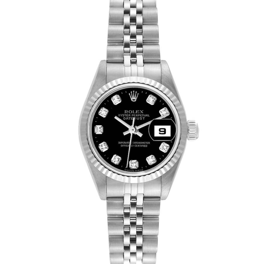 The Rolex Datejust is shown from a front view, displaying its dial, bezel, and bracelet.