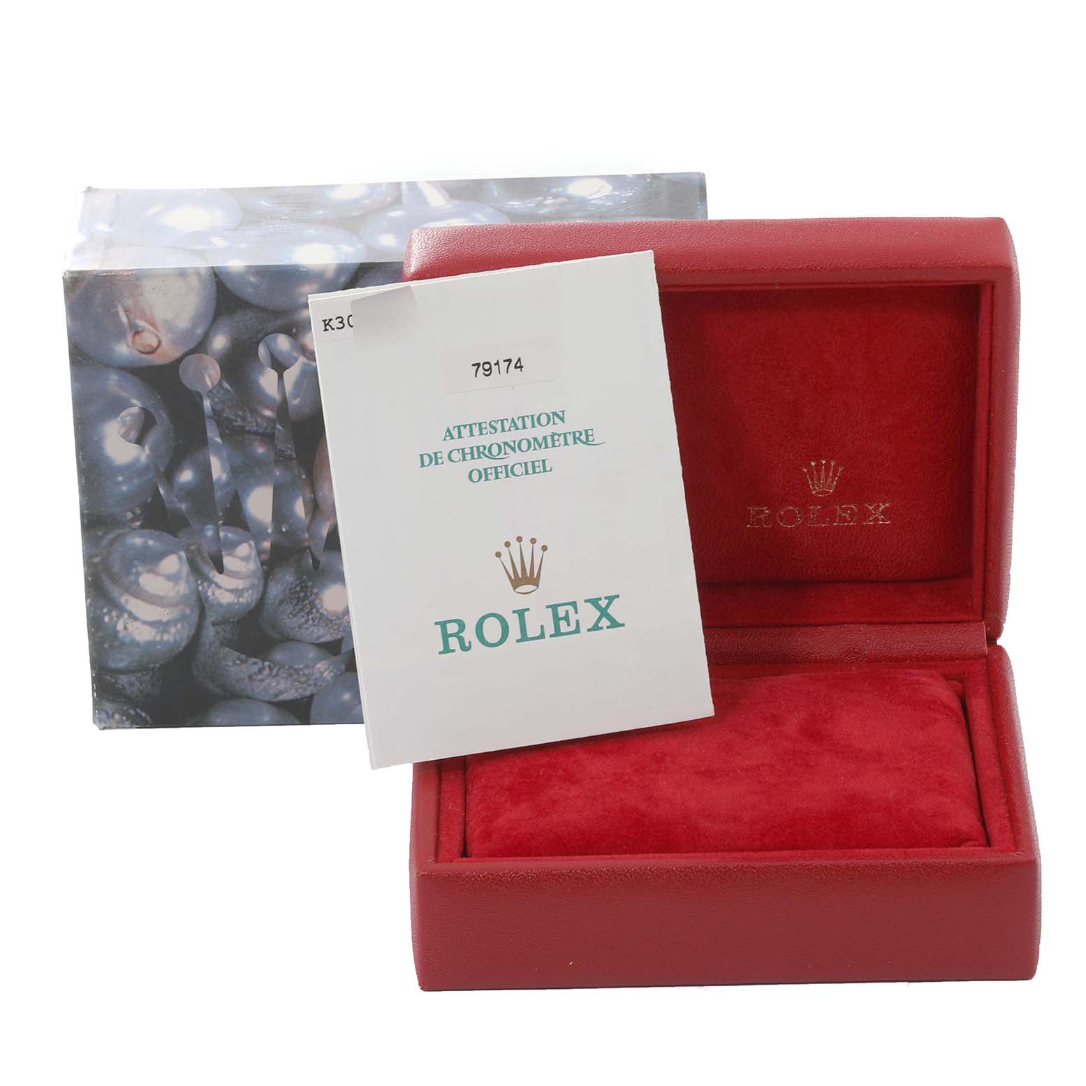 This image shows the Rolex Datejust 79174 Women's Stainless Steel Silver Dial 79174 Women's Stainless Steel Silver Dial watch box, external packaging, and official chronometer certification.