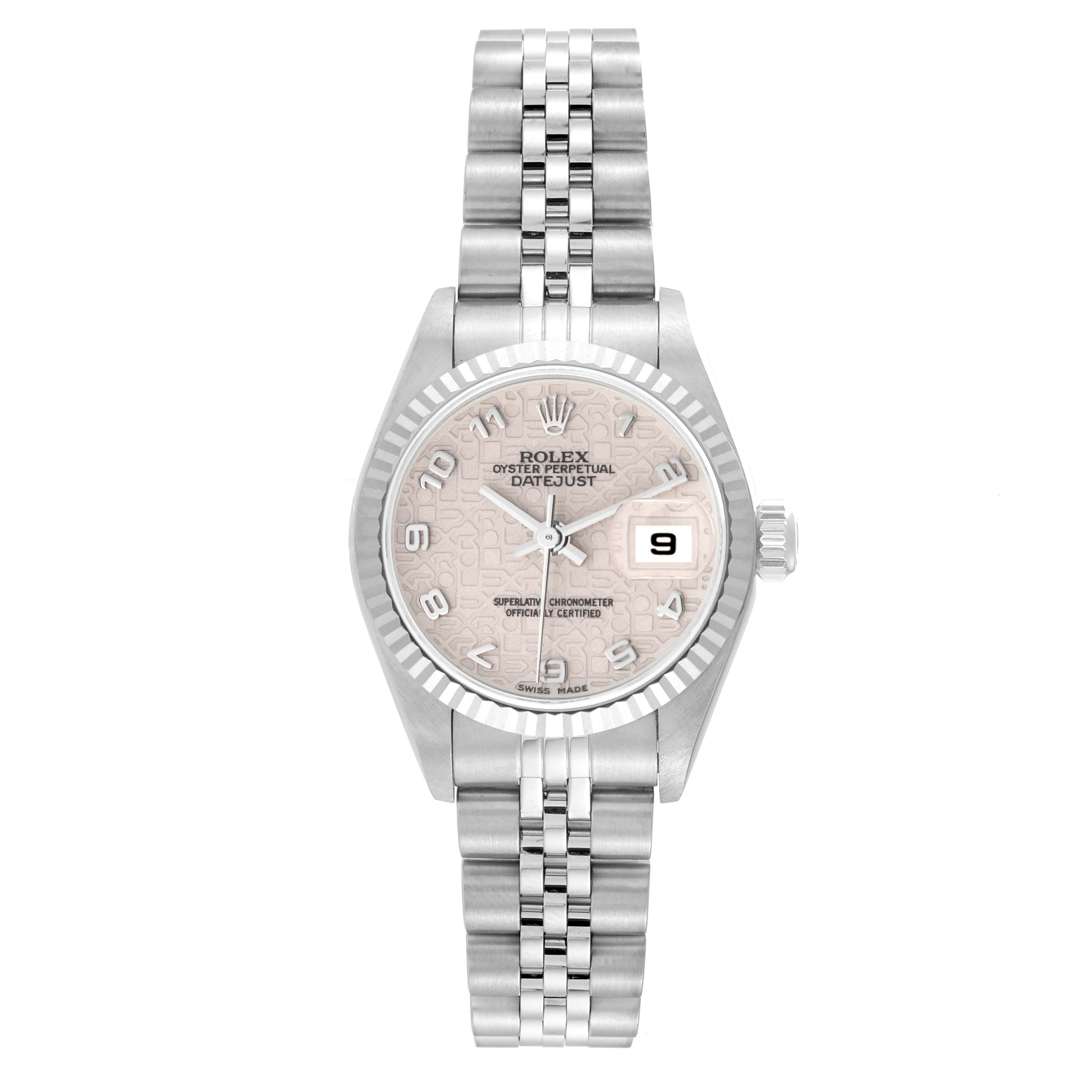 The image shows a front view of a Rolex Datejust 79174 Women's Stainless Steel Silver Dial 79174 Women's Stainless Steel Silver Dial watch, including its face, bezel, and bracelet.