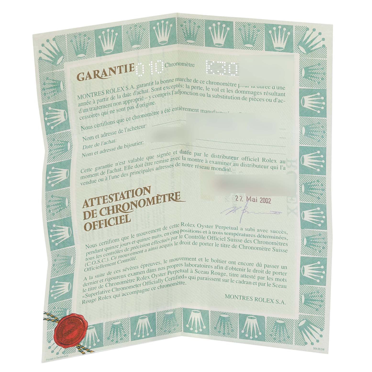 The image shows warranty and chronometer certification documents for a Rolex Datejust 79174 Women's Stainless Steel Silver Dial 79174 Women's Stainless Steel Silver Dial watch.