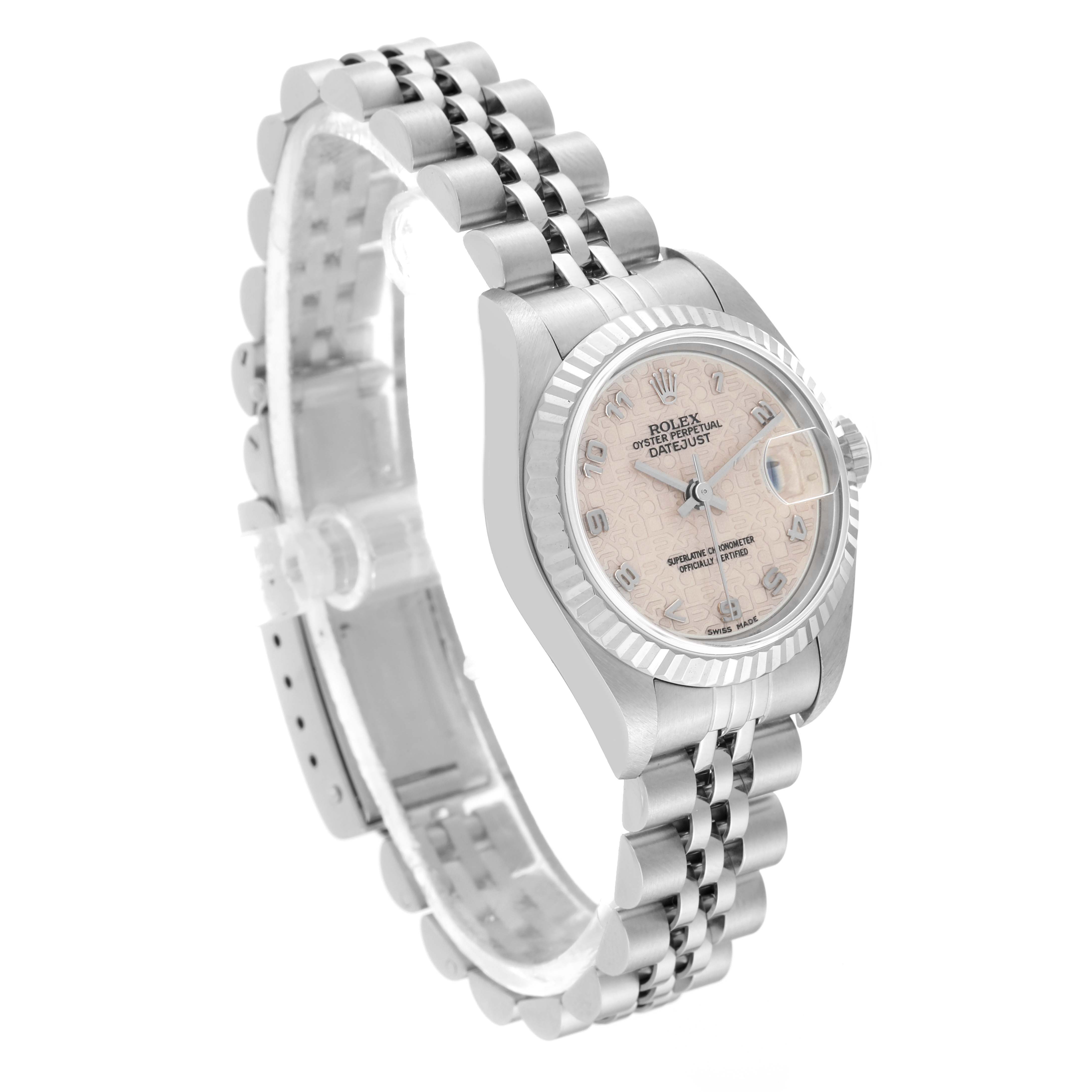 The Rolex Datejust 79174 Women's Stainless Steel Silver Dial 79174 Women's Stainless Steel Silver Dial watch is shown at an angle highlighting its face, bezel, and stainless steel bracelet.