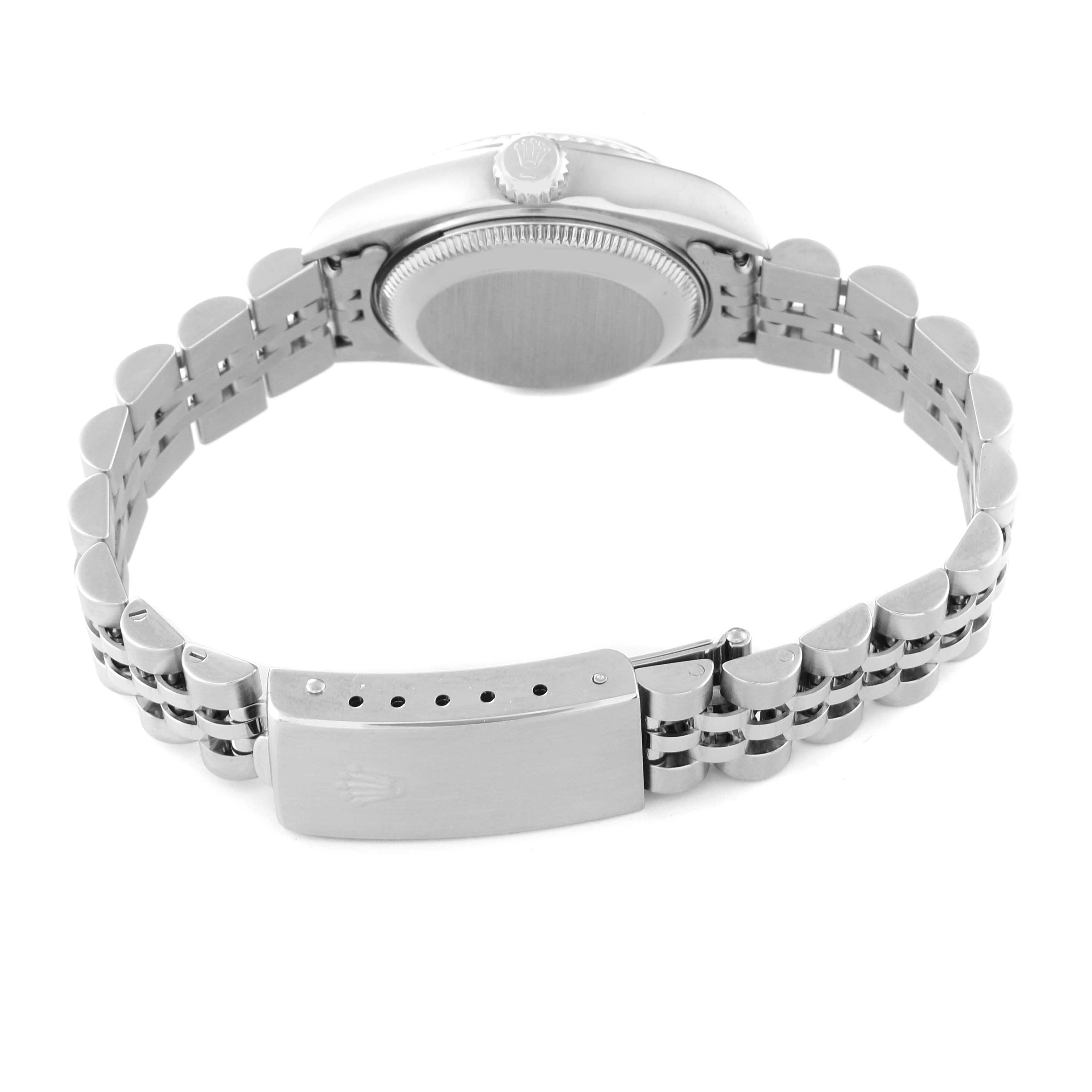 This image shows the back view of the Rolex Datejust 79174 Women's Stainless Steel Silver Dial 79174 Women's Stainless Steel Silver Dial watch highlighting the case, crown, and bracelet clasp.