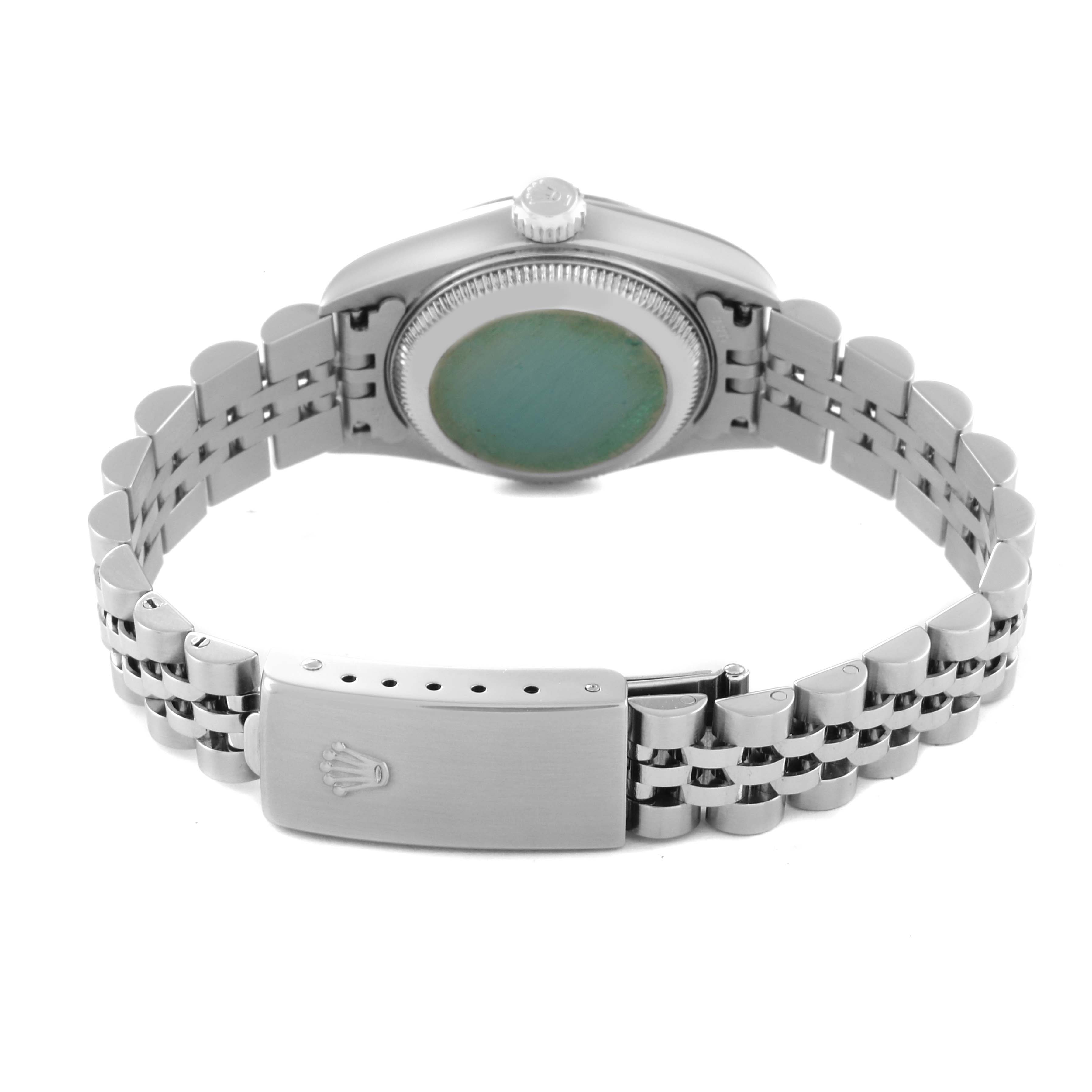This image shows the back view of a Rolex Datejust 79174 Women's Stainless Steel Mother of Pearl Dial 79174 Women's Stainless Steel Mother of Pearl Dial watch, featuring its case back and full closed jubilee bracelet clasp.