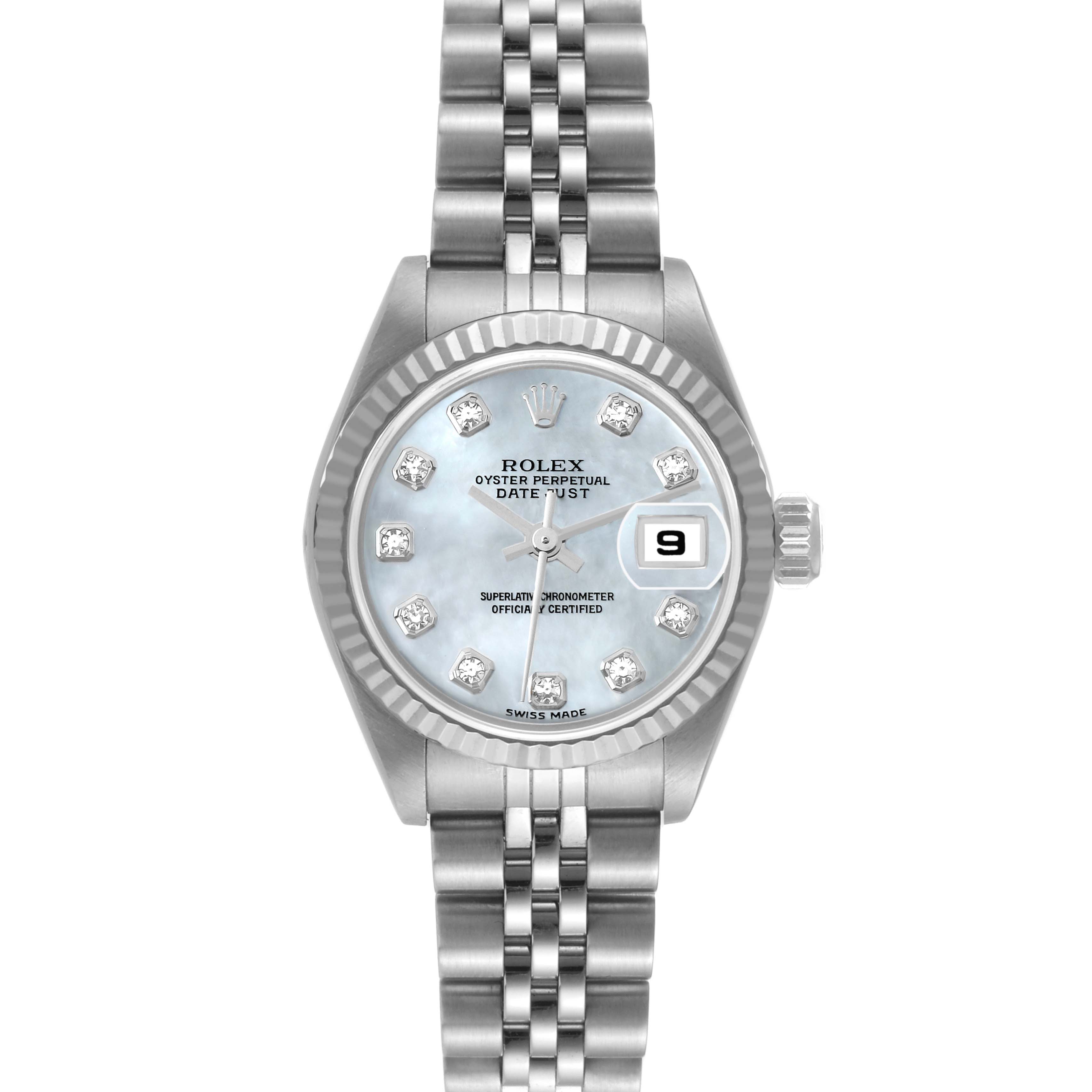 This image shows a front view of the Rolex Datejust 79174 Women's Stainless Steel Mother of Pearl Dial 79174 Women's Stainless Steel Mother of Pearl Dial model, including the dial, bezel, hands, bracelet, and date window.