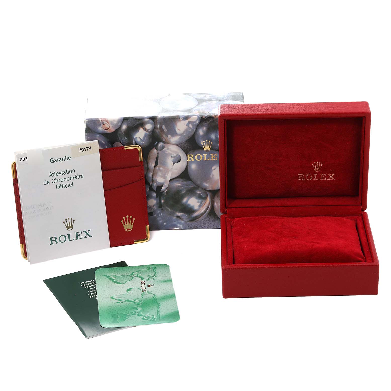 The image shows the packaging and accessories for a Rolex Datejust 79174 Women's Stainless Steel Mother of Pearl Dial 79174 Women's Stainless Steel Mother of Pearl Dial, including a red box, warranty card, manual, and a decorative cover.