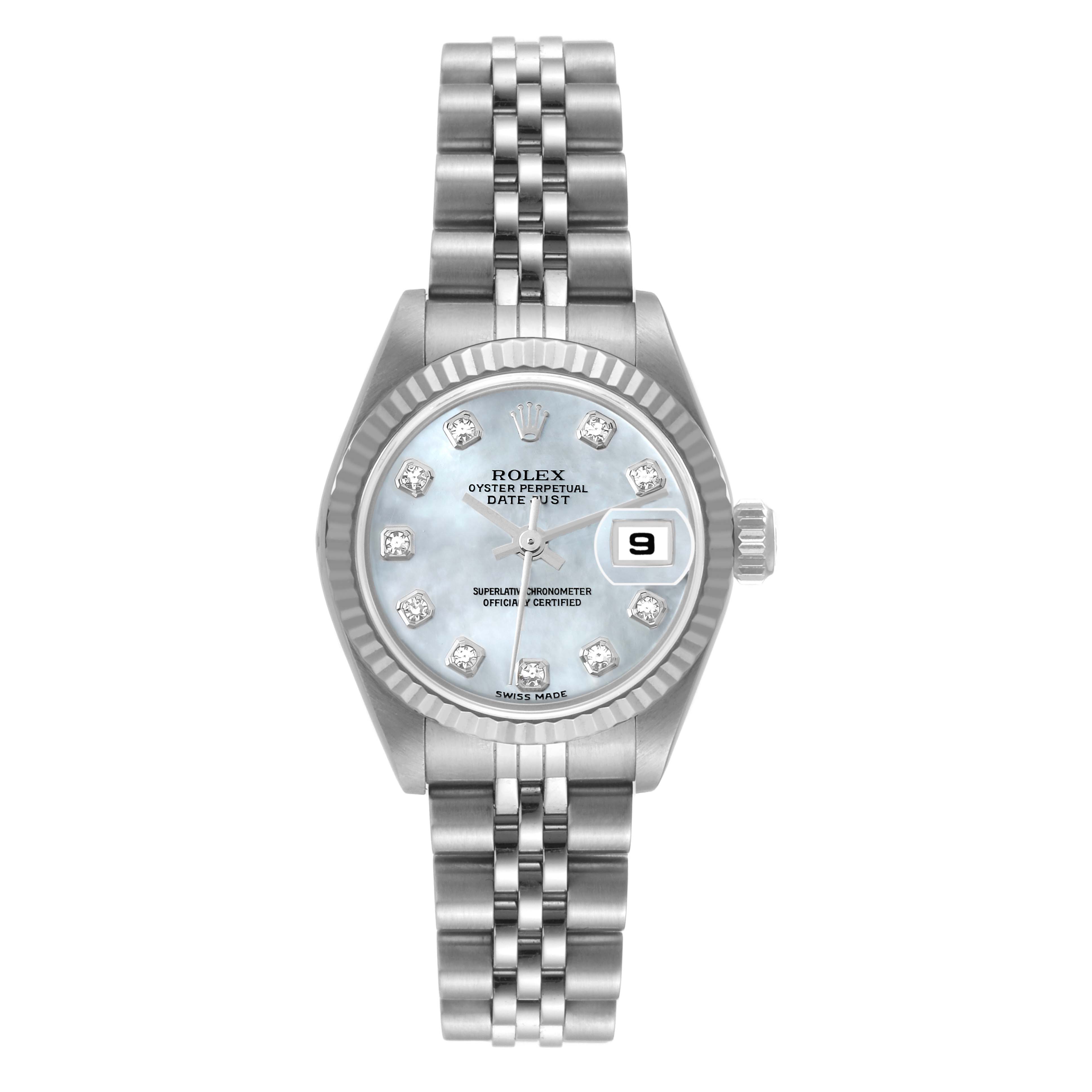 The image shows a Rolex Datejust 79174 Women's Stainless Steel Mother of Pearl Dial 79174 Women's Stainless Steel Mother of Pearl Dial watch from a front angle, highlighting the dial, bezel, and bracelet.