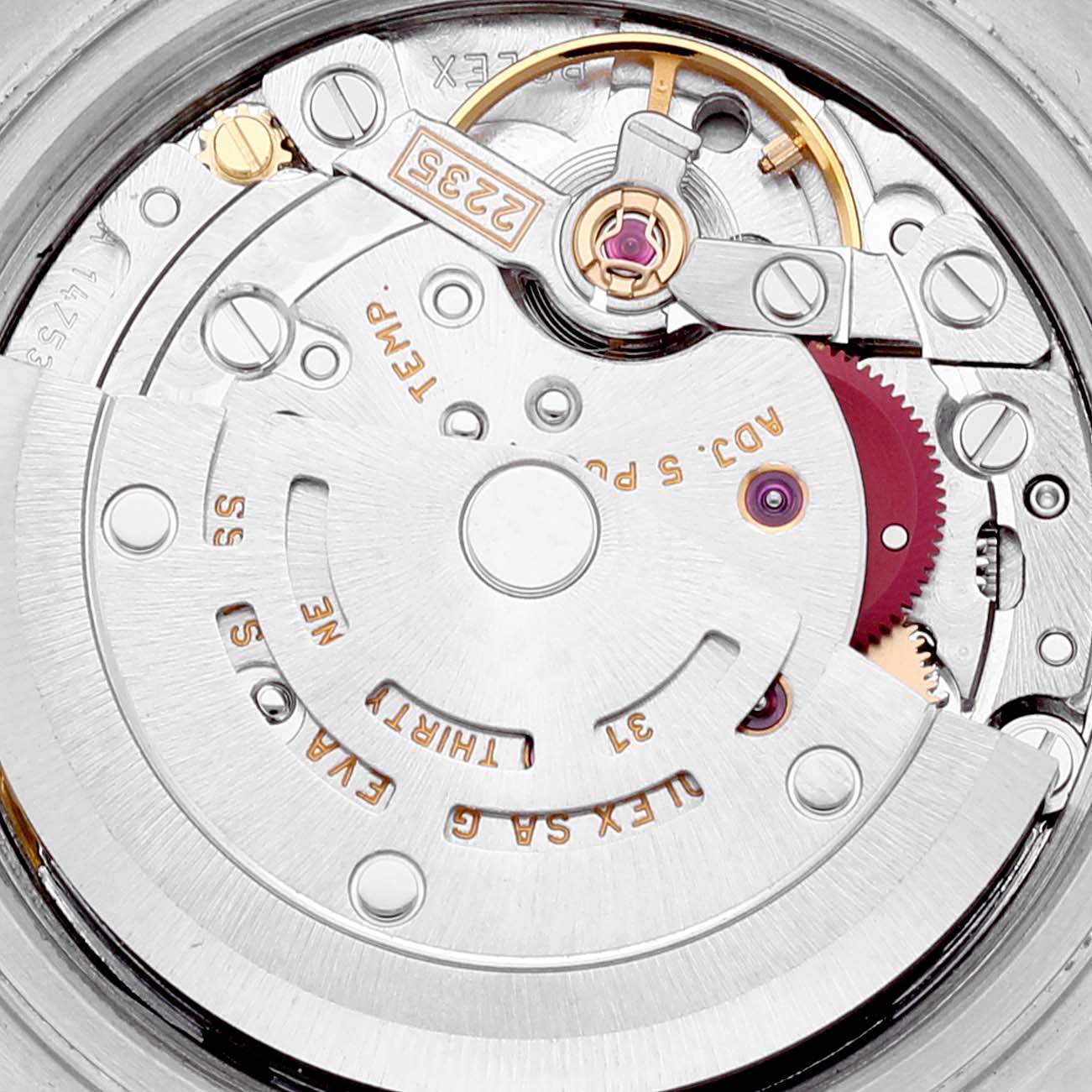 This is a close-up view of the movement mechanism of the Rolex Datejust 79174 Women's Stainless Steel Mother of Pearl Dial 79174 Women's Stainless Steel Mother of Pearl Dial watch, showing detailed parts.