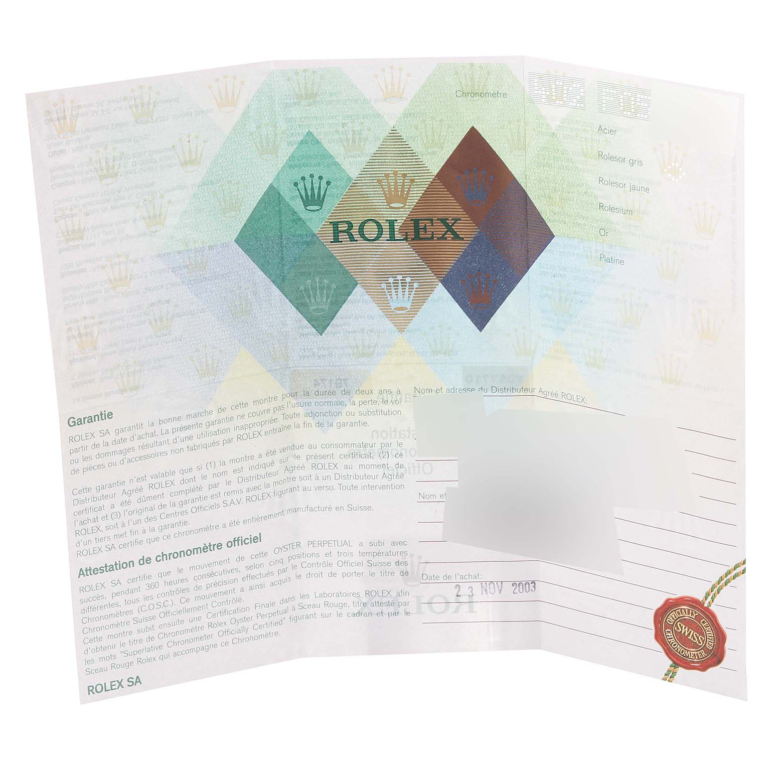 The image shows the warranty certificate documentation for a Rolex Datejust 79174 Women's Stainless Steel Mother of Pearl Dial 79174 Women's Stainless Steel Mother of Pearl Dial watch.