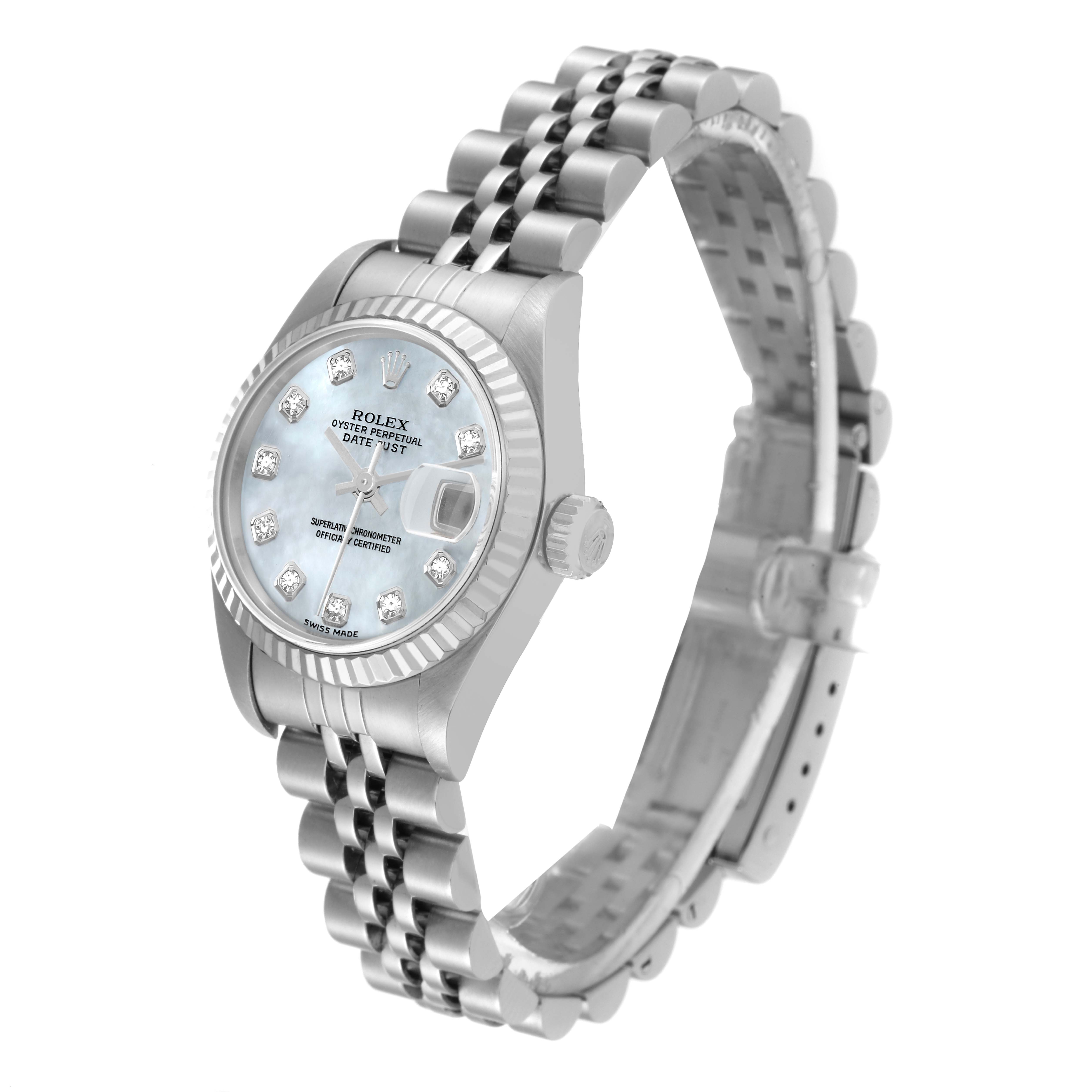 This image shows a Rolex Datejust 79174 Women's Stainless Steel Mother of Pearl Dial 79174 Women's Stainless Steel Mother of Pearl Dial watch at a slight angle, highlighting the face, crown, and part of the bracelet.
