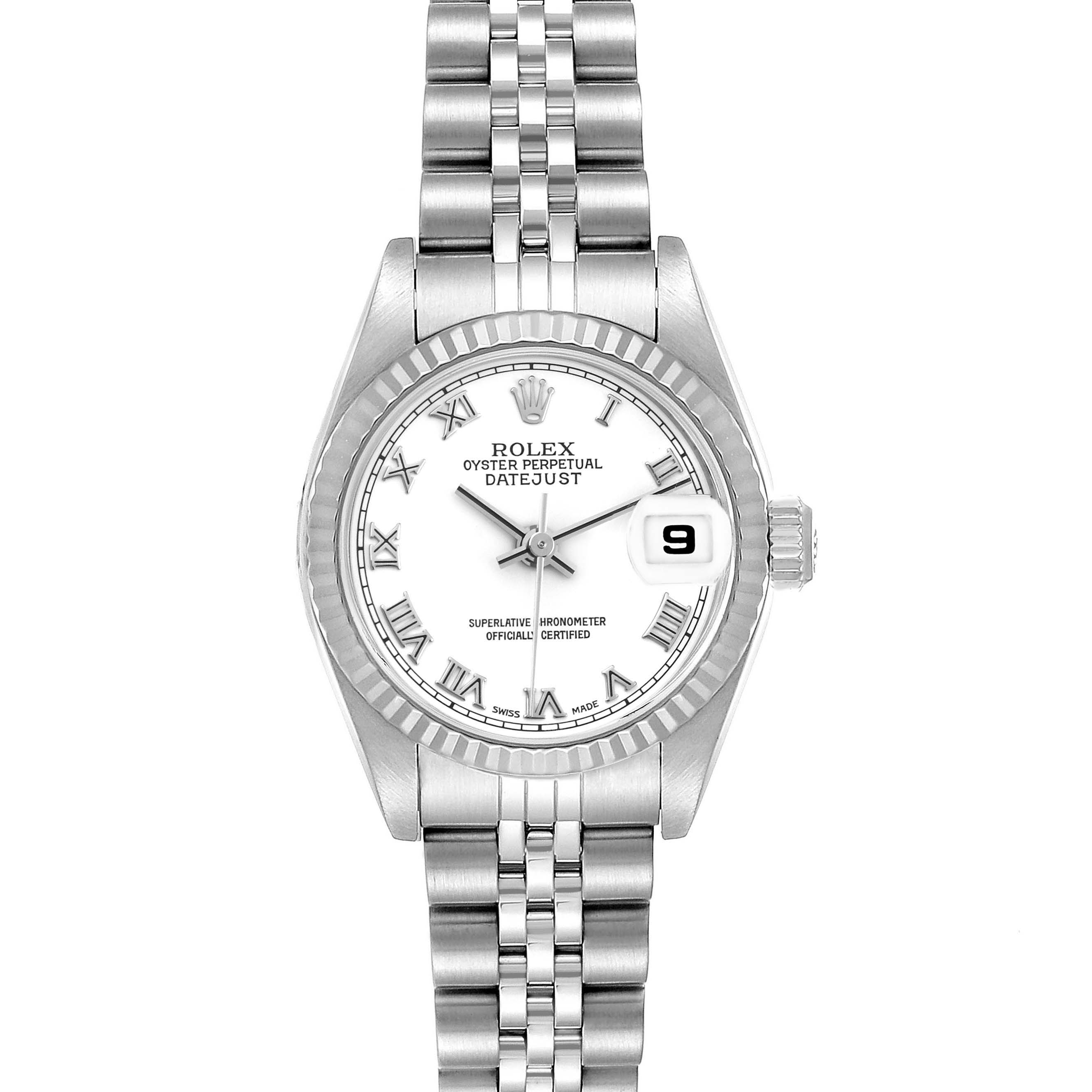 The image shows a front view of the Rolex Datejust 79174 Women's Stainless Steel White Dial 79174 Women's Stainless Steel White Dial watch, displaying its face, bezel, and bracelet.