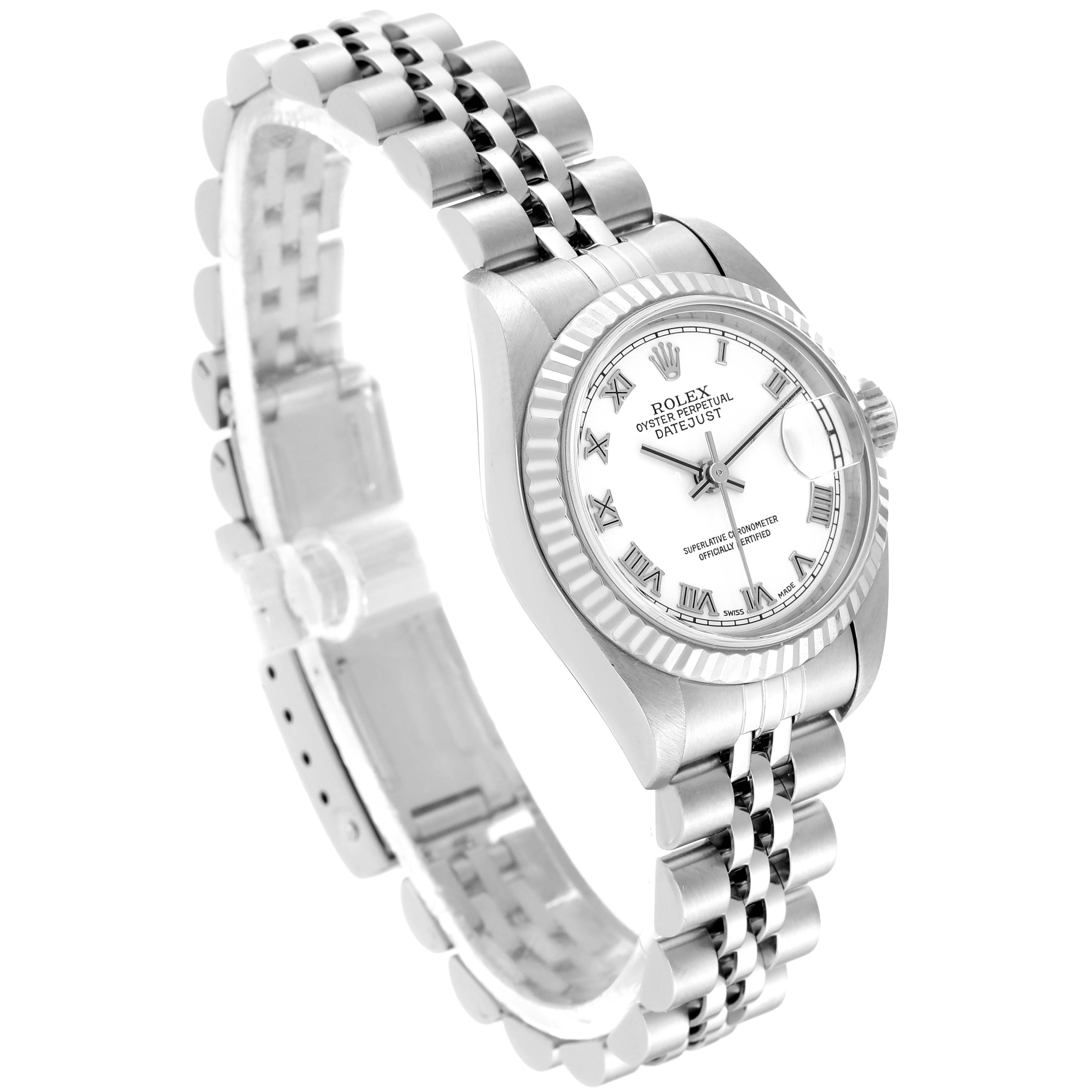 The image shows a side angle of a Rolex Datejust 79174 Women's Stainless Steel White Dial 79174 Women's Stainless Steel White Dial watch, highlighting its silver bracelet, fluted bezel, and white dial with Roman numerals.