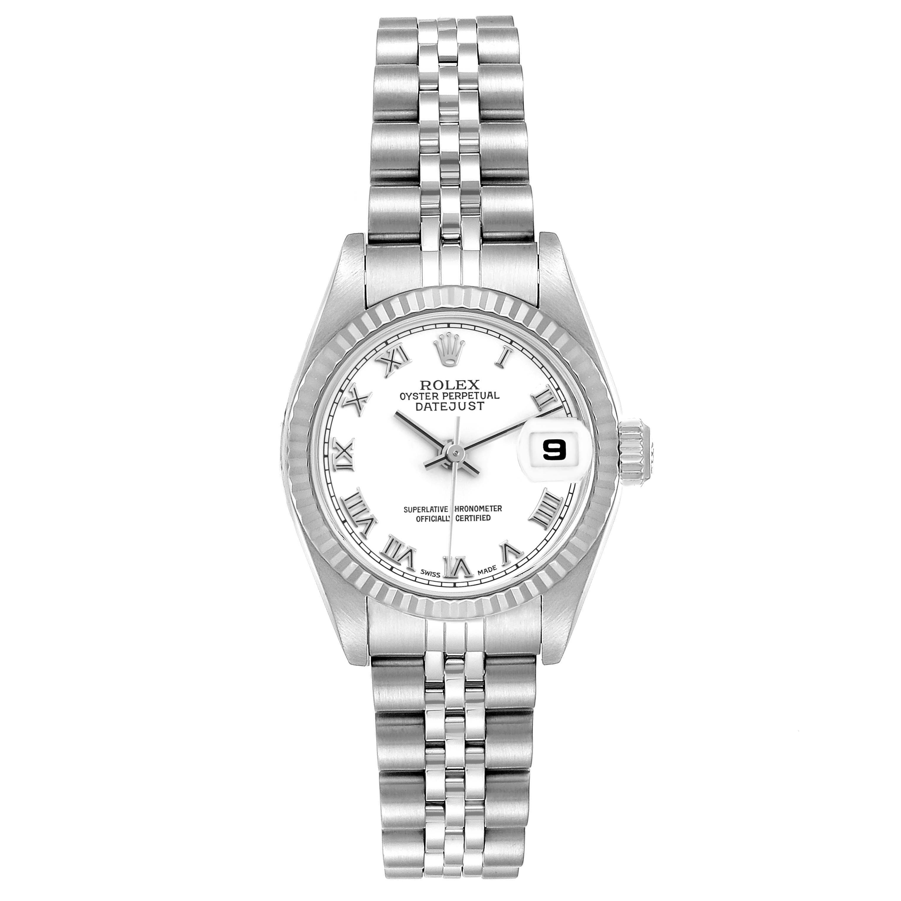 The image shows a front view of a Rolex Datejust 79174 Women's Stainless Steel White Dial 79174 Women's Stainless Steel White Dial watch, highlighting the dial, bezel, bracelet, and date window.