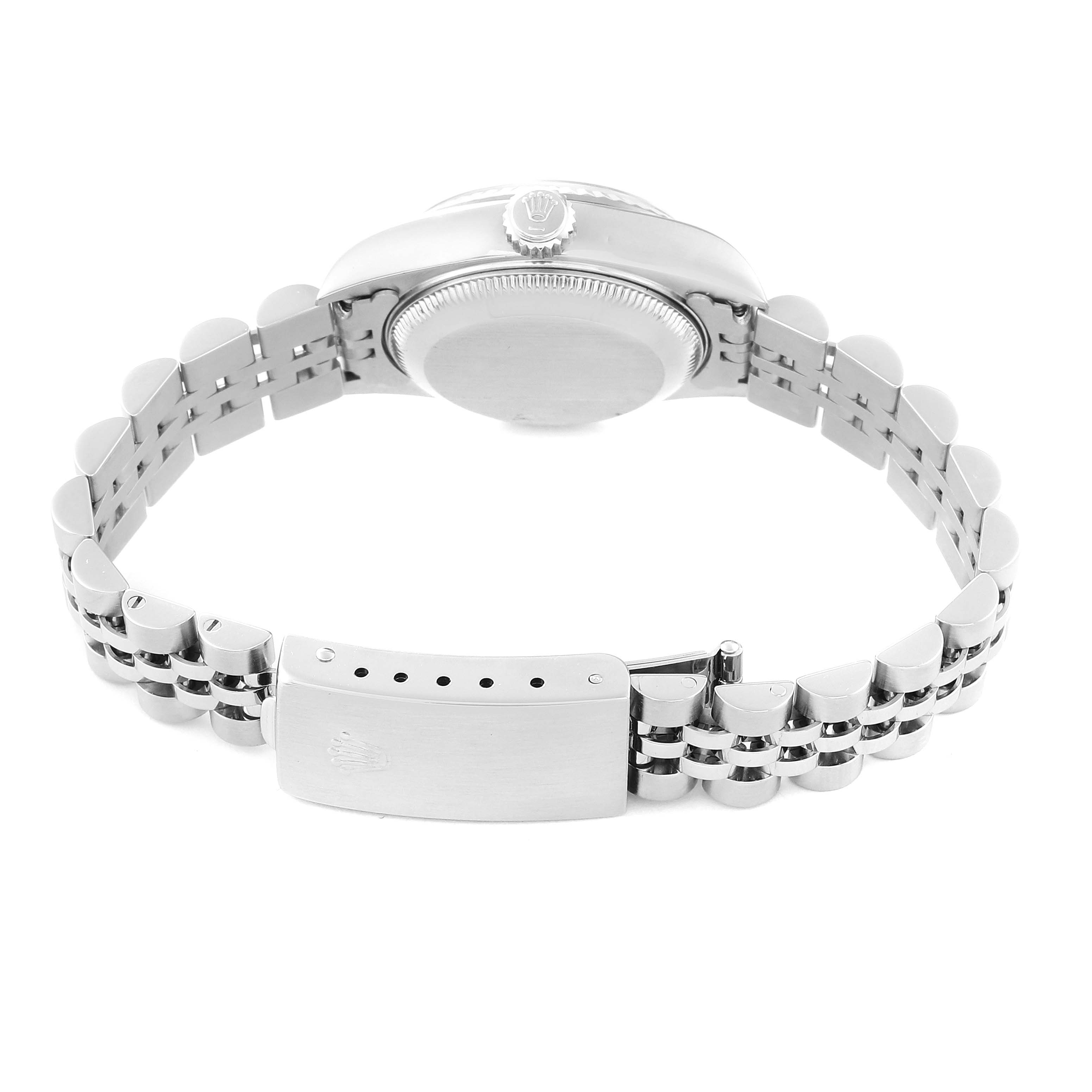 This image shows the back view of a Rolex Datejust 79174 Women's Stainless Steel White Dial 79174 Women's Stainless Steel White Dial watch, highlighting the case back and the bracelet clasp.